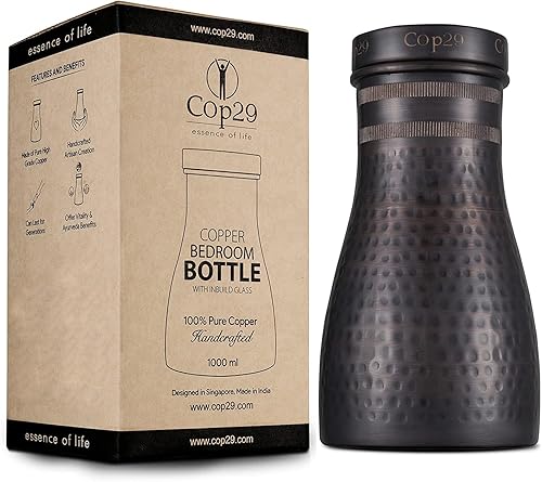 Cop29 Dolny - Botella de agua de cobre martillado antiguo hecho a mano para dormitorio, jarra con tapa, jarra de agua para mesita de noche, uso en