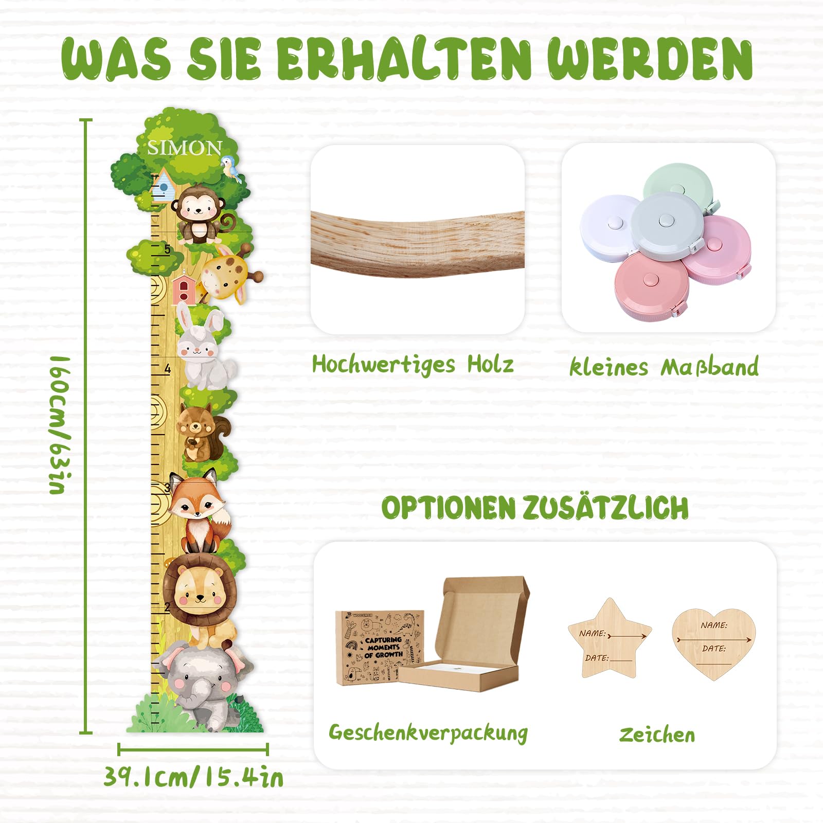 Personalisiert Messlatte Kinder Holz für Baby- & Kleinkinderzimmer mit Namen, Abnehmbares Messlineal für Baby-Messlatte für Schlafzimmer, Wanddekoration (Waldtiere)