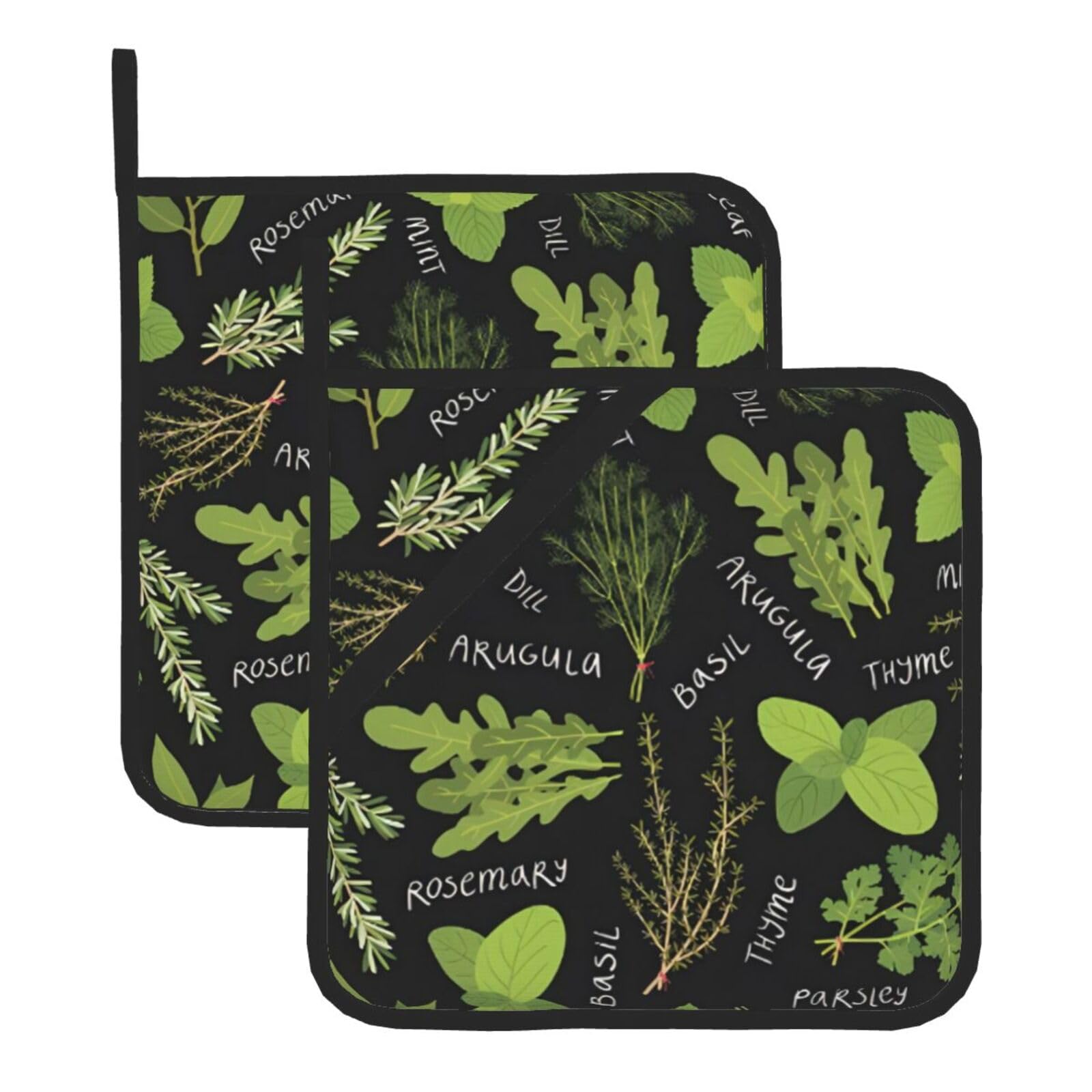 YYHWHJDE Basil Thyme Dill & Rosemary Prints Square Hot Pads for Kitchen Counter - Waterproof Pot Holders, Durable Oven Mitt Layers with Hanging Loop, Heat Resistant Trivets (2-Pack)