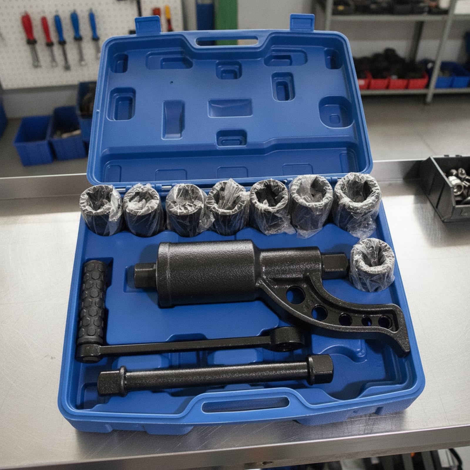 Clé Démontage Pneu Véhicule avec Manivelle et Huit Douilles en Acier Haute Teneur en Carbone pour Camion et Remorque Adaptée aux Ateliers Mécaniques et Urgences Routières