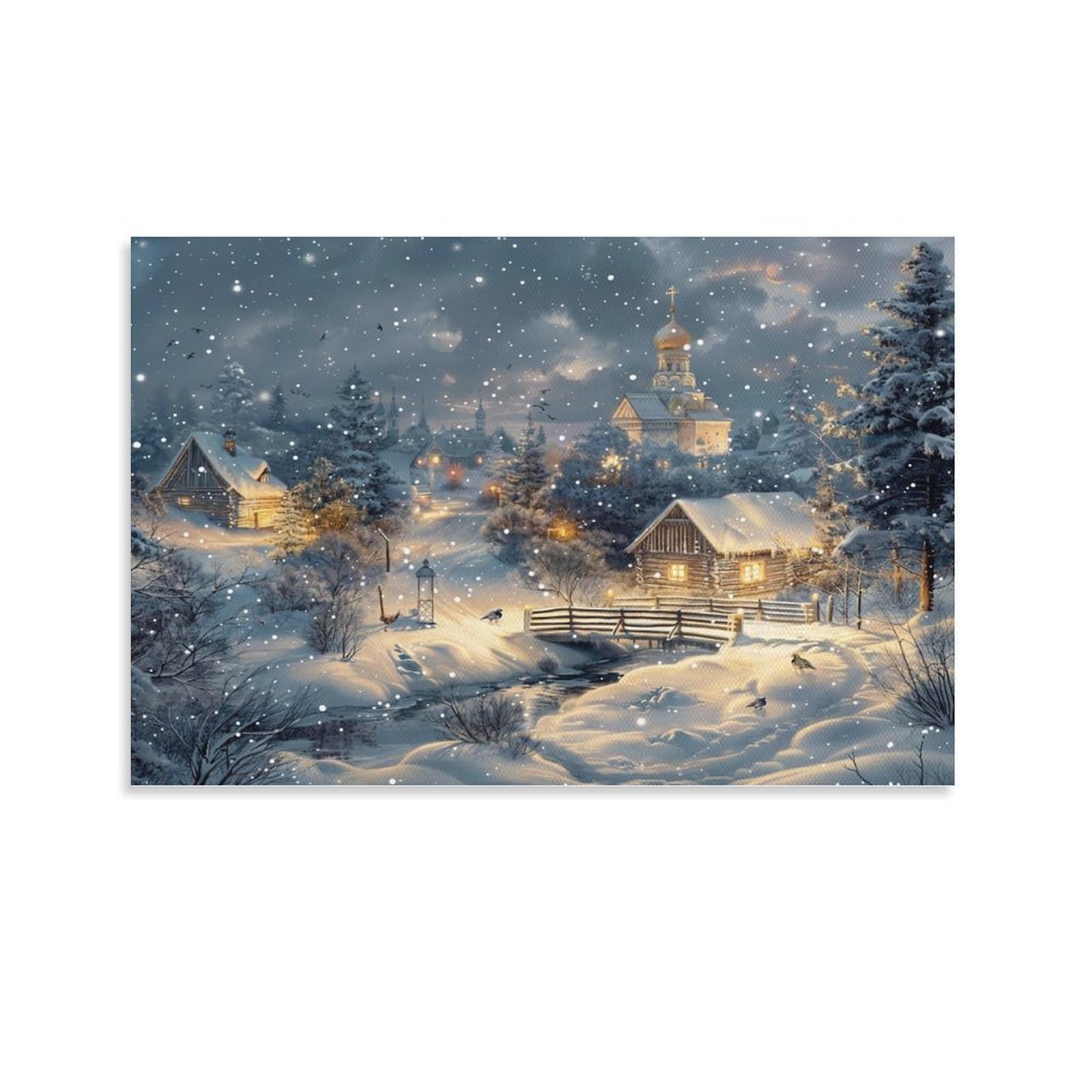 CPLVKWRQJ Winter Village Scene 1 Piece Snowy Town Framed Canvas Print - Living Room Focal Point Ready to Hang Gallery Wall Decor 24x36inch(60x90cm)