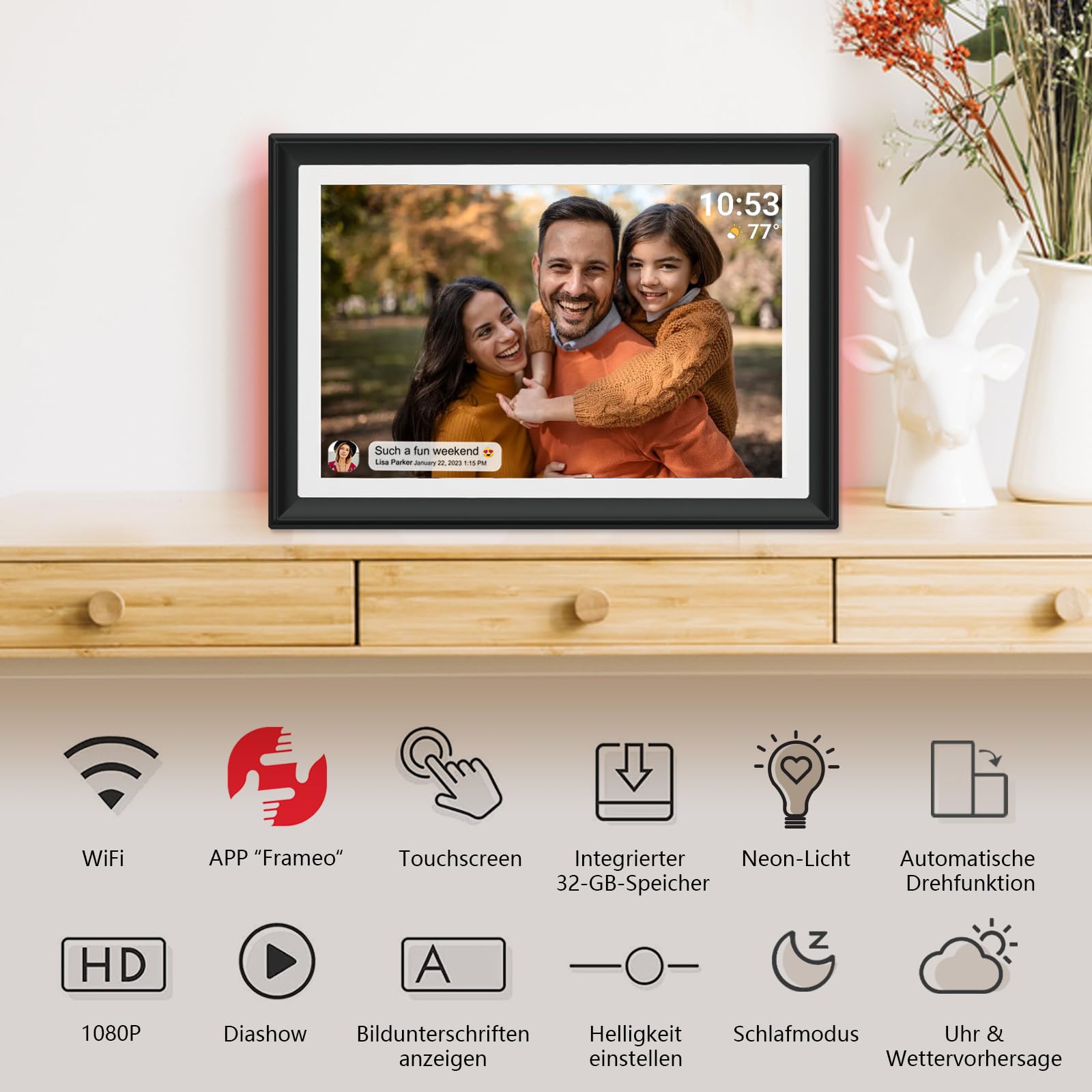 Frameo Digitaler Bilderrahmen 10,1 Zoll WiFi 32 GB Speicher Touchscreen HD 1280x800 Auto-Rotation