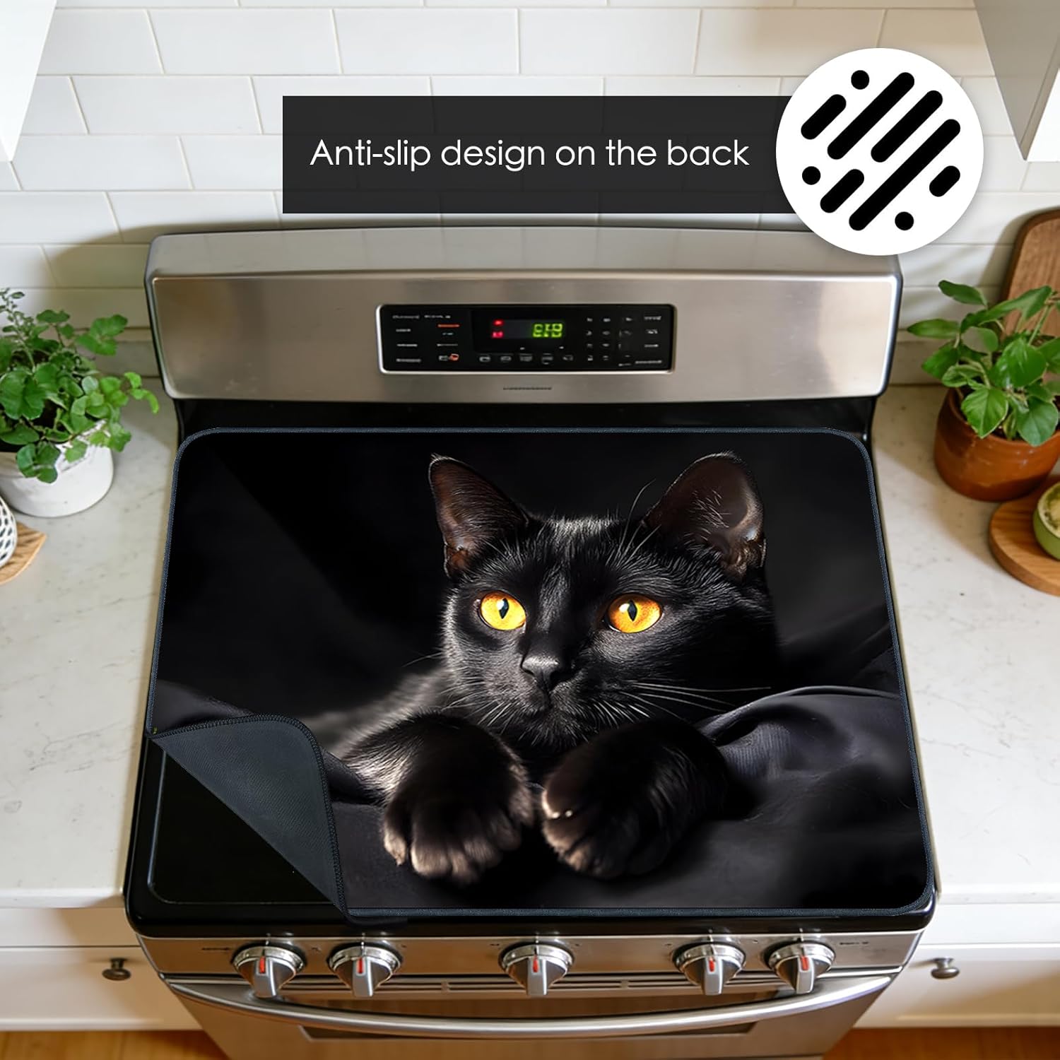 Nuxovilar Stove Top Cover Black Cat Design Polyester & Diatom Mud Blend 20.47x28.34 Inches - Stove Cover for Family Living Space