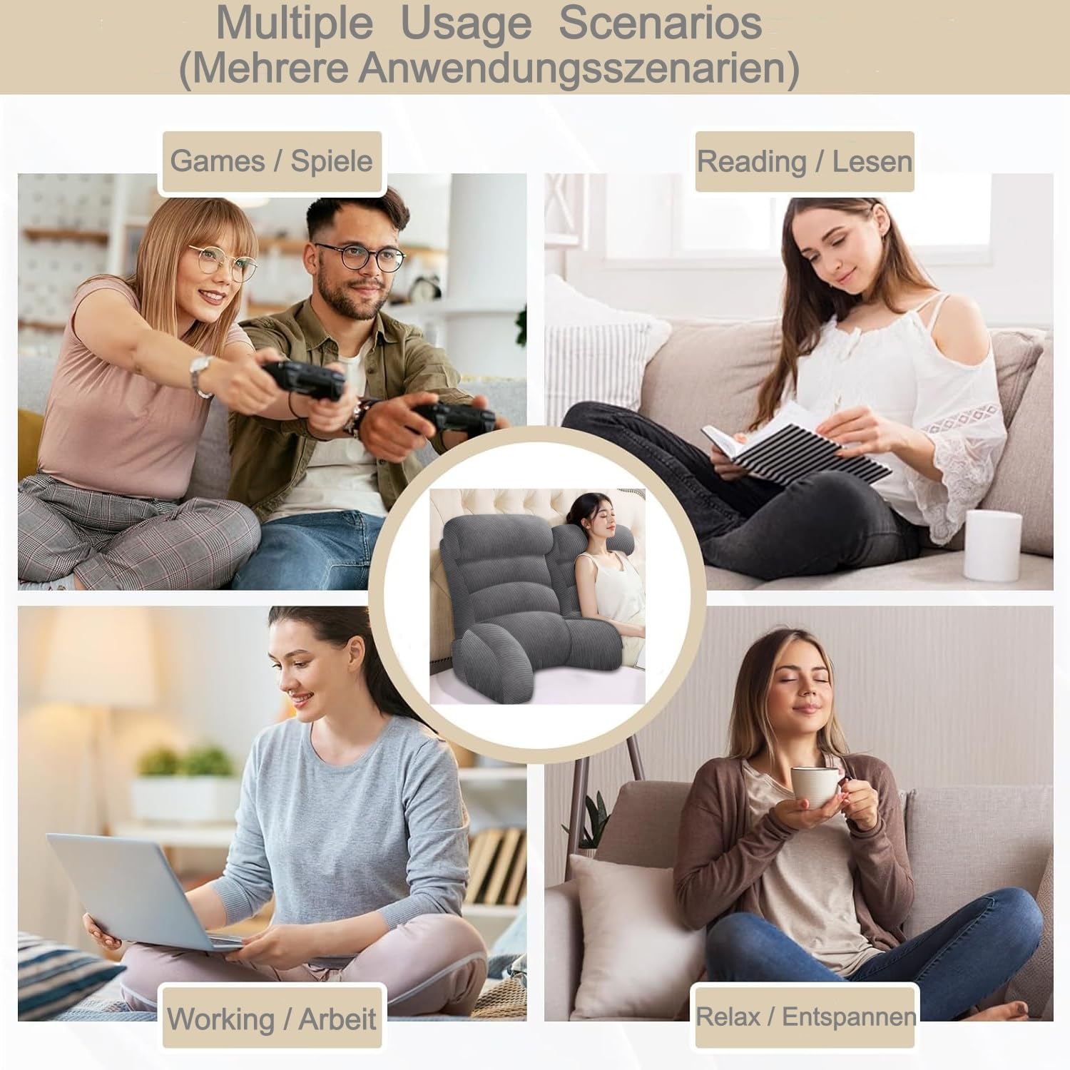MeYuxg Cojín de lectura para cama y sofá con reposabrazos y soporte para el cuello desmontable, 60 x 35 cm, cojín de respaldo ajustable en altura, cojín de apoyo para la espalda para leer, ver la