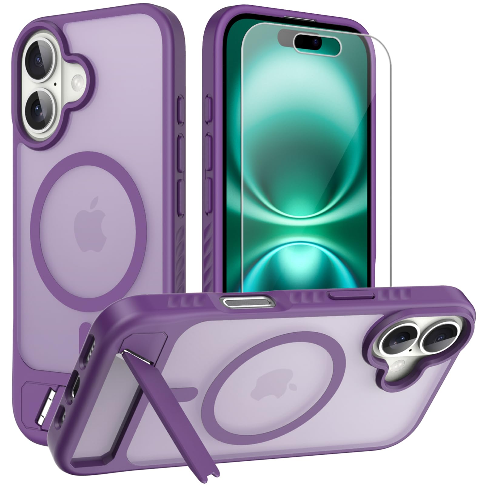 for iPhone 16 case: [fit for Magsafe] Strong Magnetic & Invisible Stand, Military-Grade Drop Protection with Screen Protector, Adjustable Kickstand