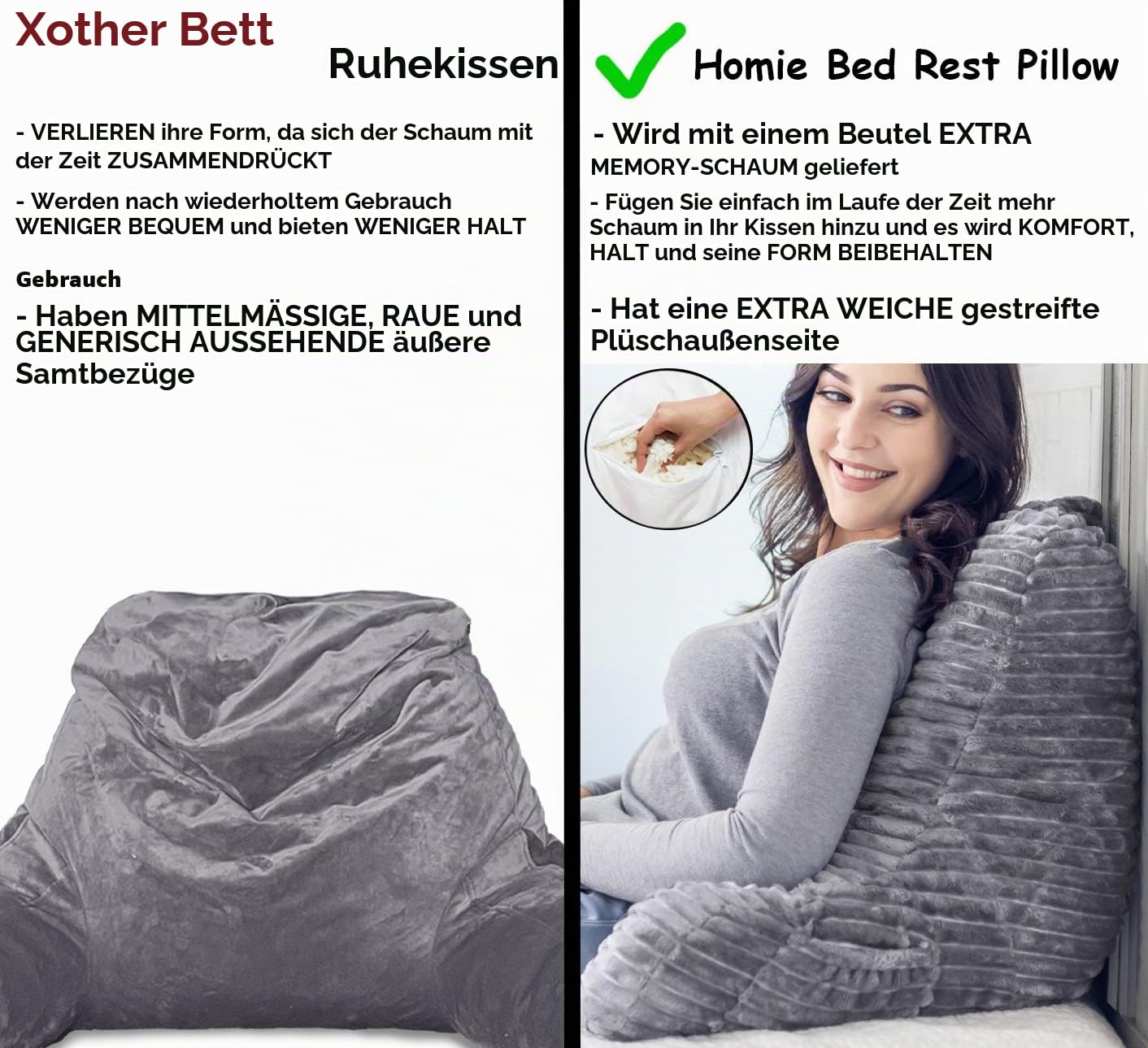 Homie Rückenkissen, Lesekissen/Stützkissen mit Füllung aus Zerkleinertem Memory Foam- Ideal als Rückenstütze Beim Lesen oder für Videospiele