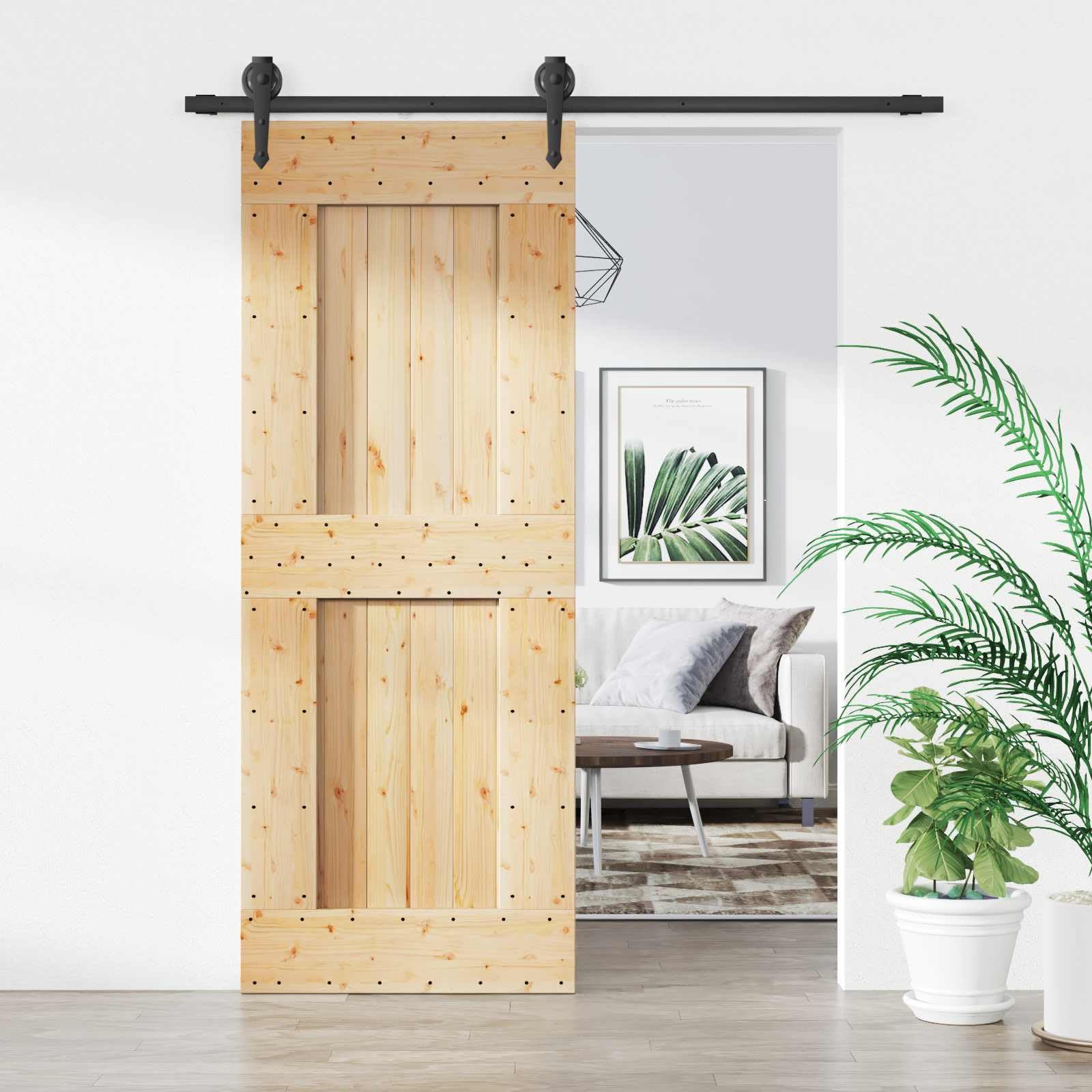 Drzwi przesuwne z naturalnego drewna sosnowego i czarne 80 x 210 cm