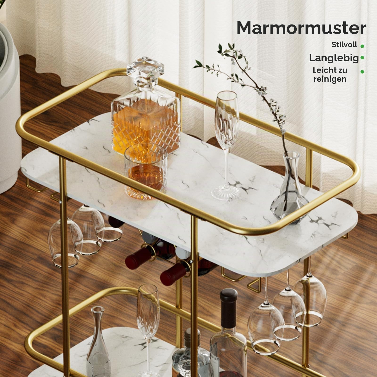 2-stufiger Bar-Servierwagen, mobiler Getränkewagen, Gold