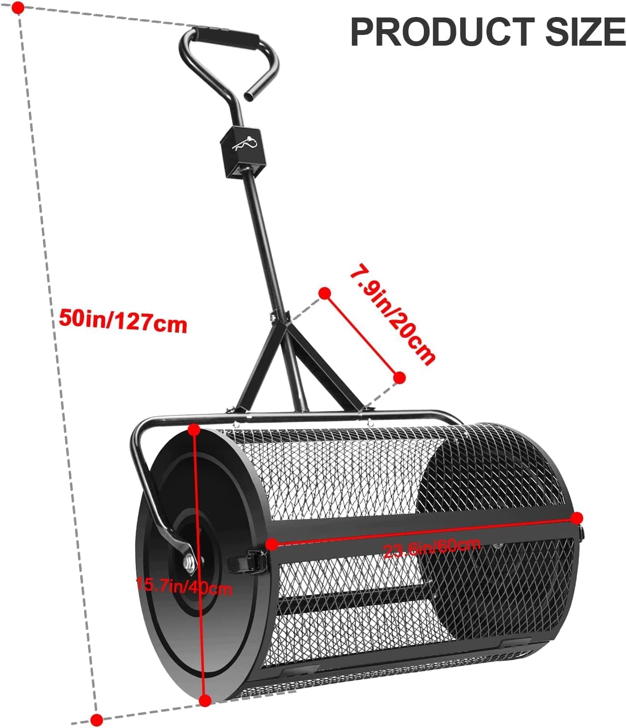 24 Inch Compost Spreader, Peat Moss Spreader with Handle for Planting Seeding, Durable Lightweight Metal Mesh Spreader for Lawn and Garden Care Manure Spreaders Roller