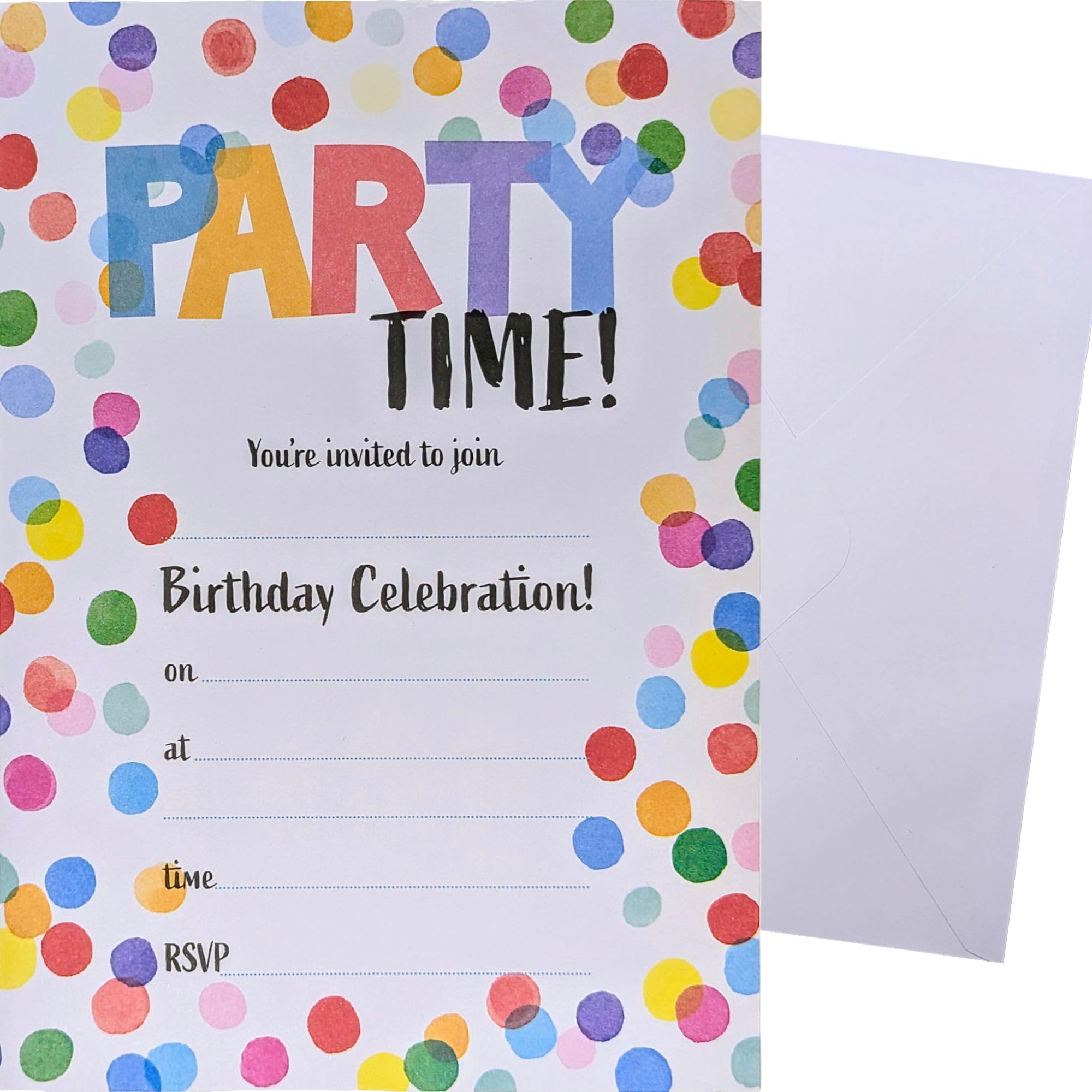 20 Pack Birthday Invitations with Envelopes – Colourful “PARTY TIME!” Fill-In Cards for Kids, Teens & Adults – 19 x 13 cm – Fun Polka Dot Design – Includes 20 White Envelopes
