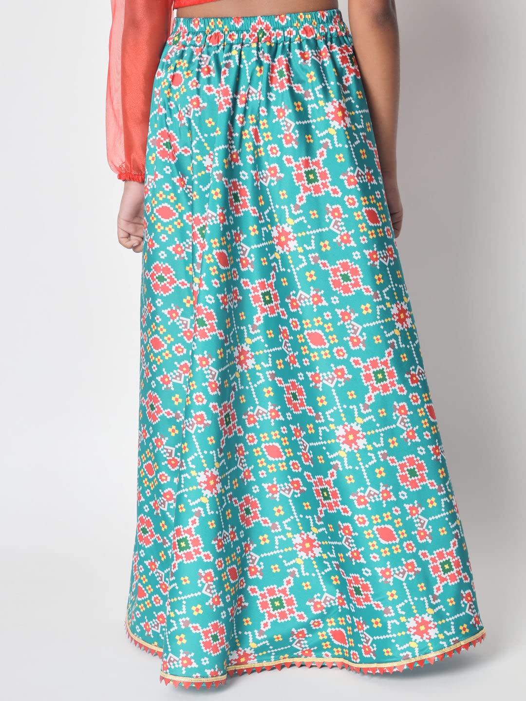 studio rasa Girls Poly Silk Printed Bias Kids Skirt for Wedding Party Festive(GSC12304/7-8_Rama Green_7-8yrs) 4