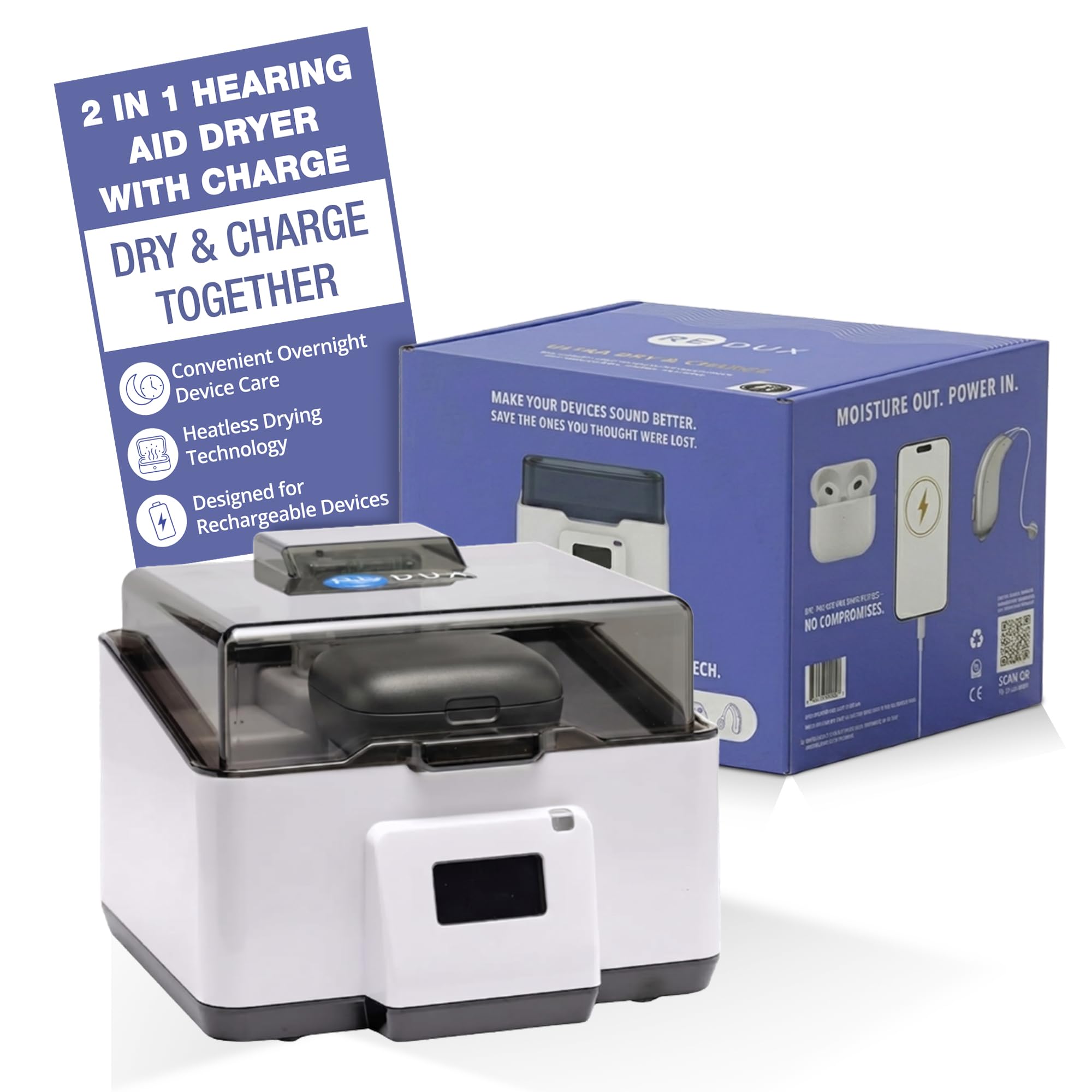 Redux Ultra Dry & Charge - Deumidificatore per apparecchi acustici con asciugatura senza calore, rimozione dell'umidità, porta di ricarica per apparecchi acustici ricaricabili, auricolari e piccoli