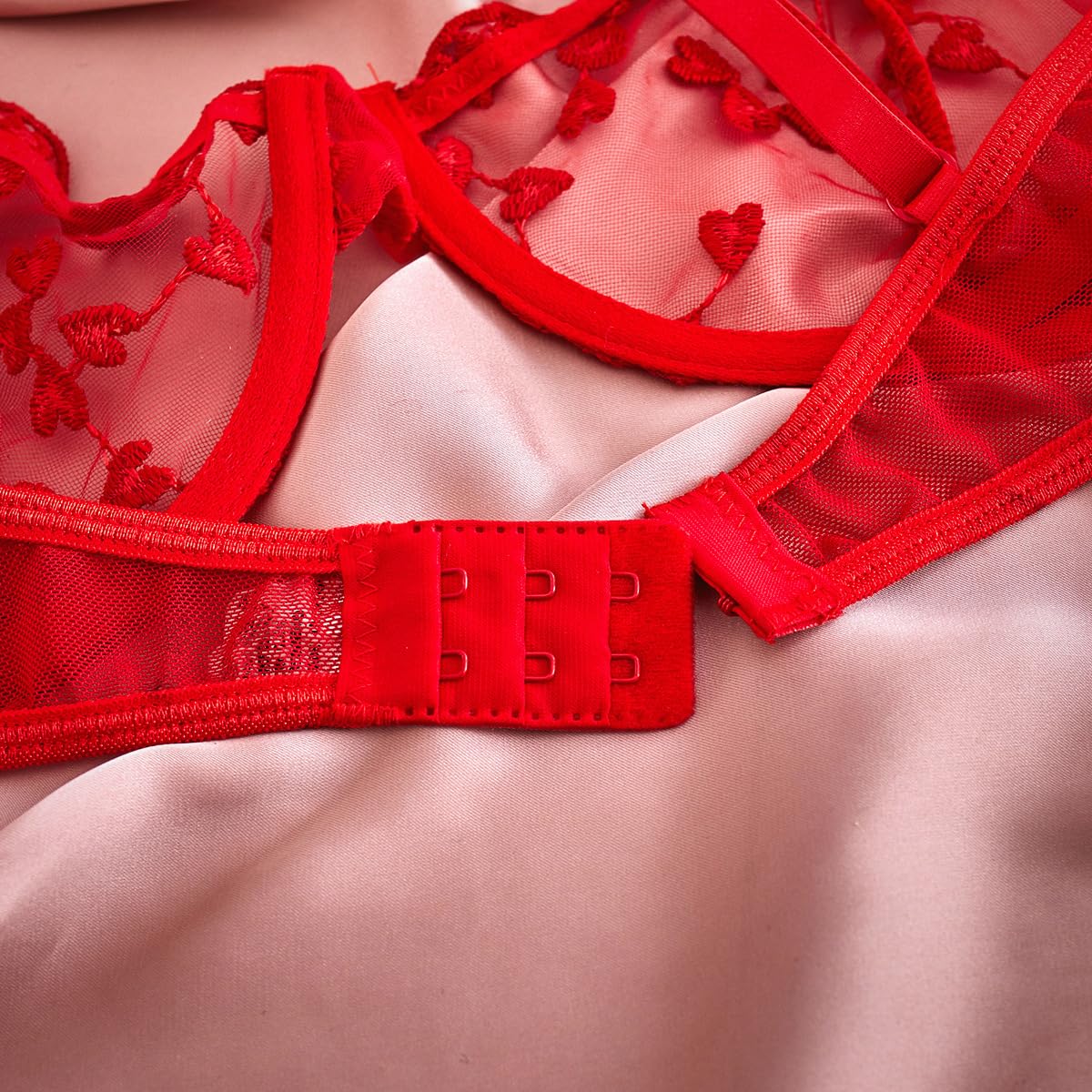Conjunto de lencería Sexy de 2 Piezas para Mujer con Bordado Floral de corazón, Sujetador con Aros de Media Copa y Tanga, Sujetador Transparente de Malla para Mujer, Tanga a Juego, Bragas, Conjuntos