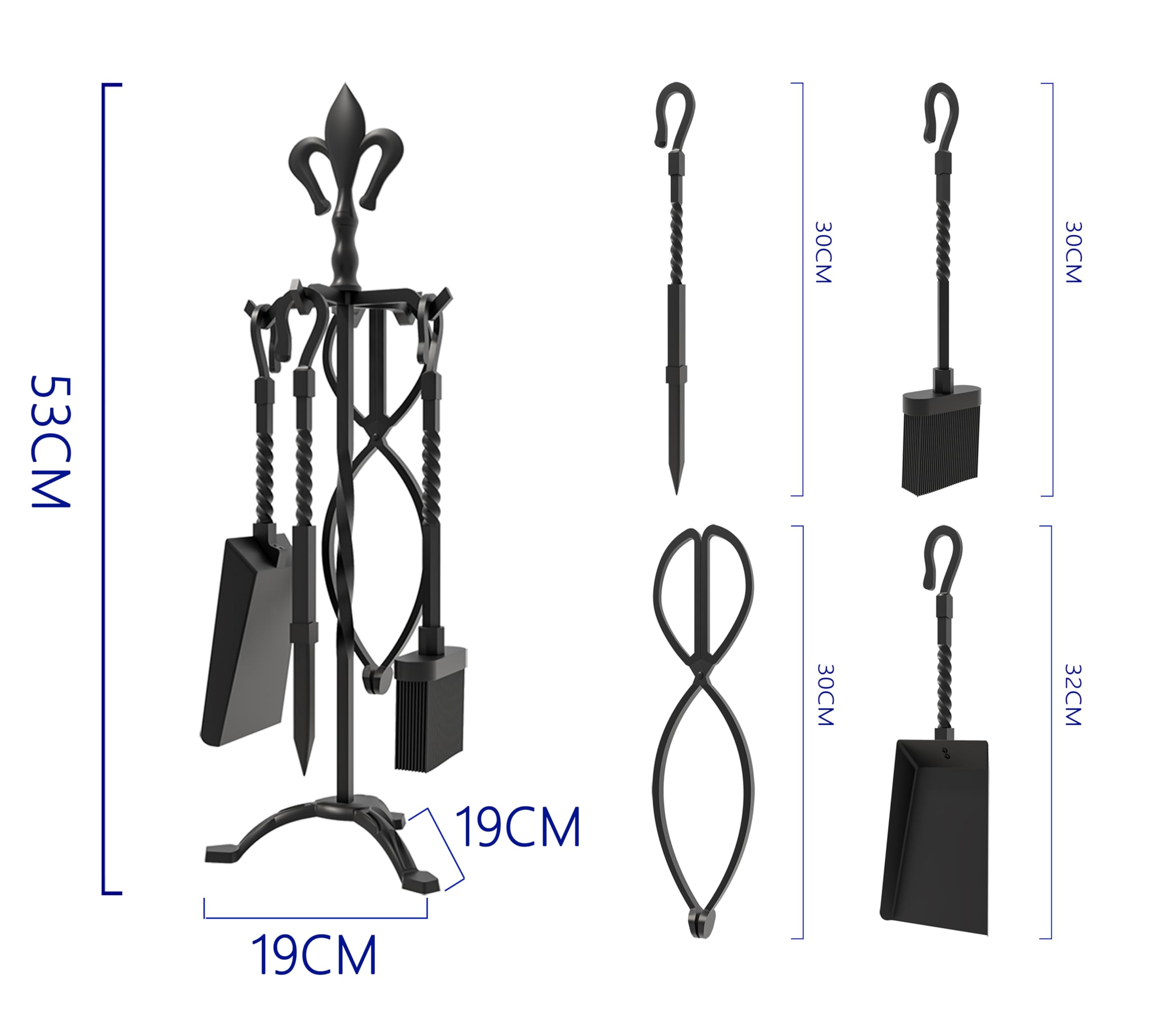 Kingson Set di 5 accessori per caminetto in ghisa, finitura nera, include attizzatoio, pinze, spazzola, pala e supporto, set di attrezzi per caminetti tradizionali, altezza 53 cm