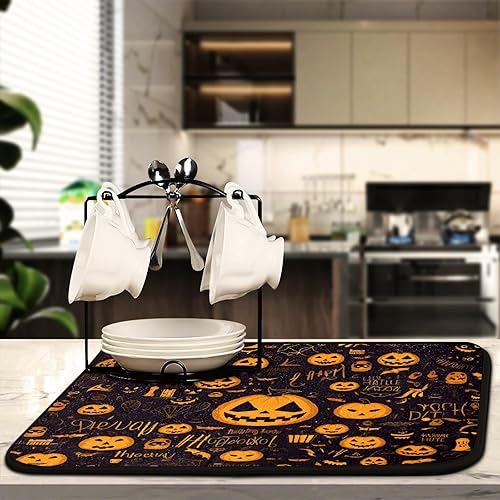 Miniatura 9 de Alfombrillas de secado de platos de calabaza gótica feliz para encimera de cocina, 24 x 18 pulgadas, decoración gótica, almohadilla de secado de