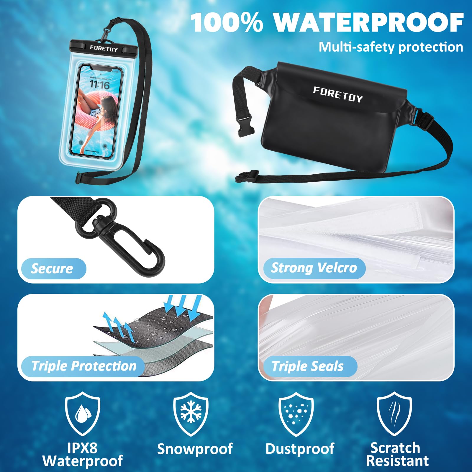 Borsa Impermeabile Mare, Custodia Impermeabile Smartphone, Sacca Stagna, IP68 Marsupio Subacquea Impermeabile per Spiaggia Nuoto, Canottaggio, Pesca, Escursioni (Custodia trasparente e astuccio nero)