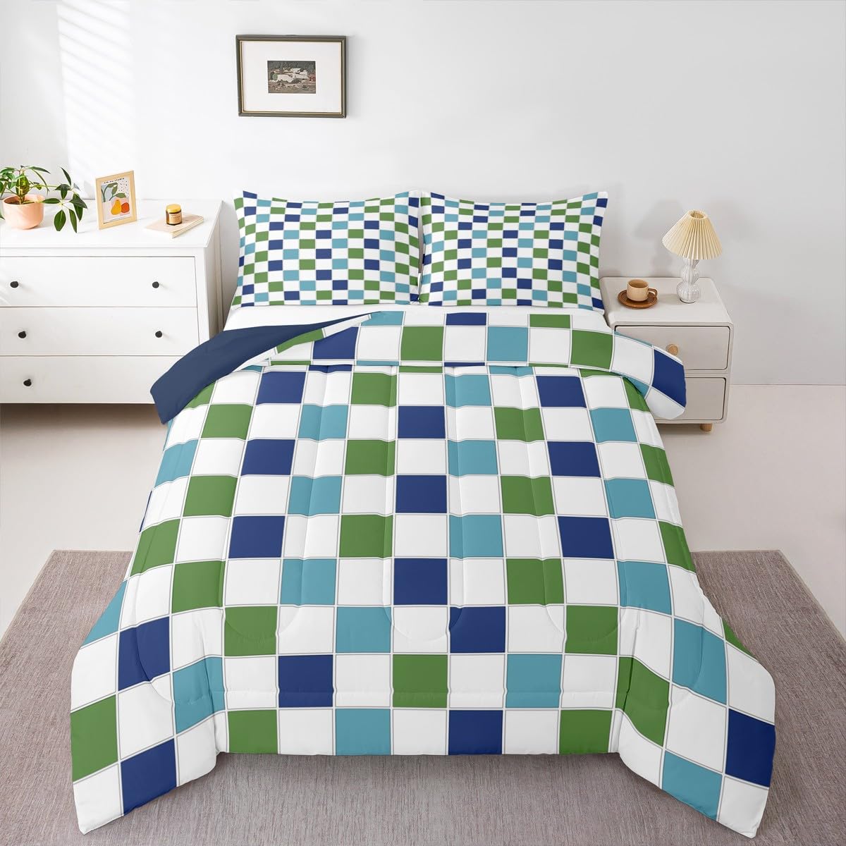 Erosebridal Blue Green Checkered Full Bedding Set Navy Teal White Grids Plaid Comforter Set for Kids Boys Teen Geometric Buffalo Gingham Comforter,Modern Fashion Quilt Duvet