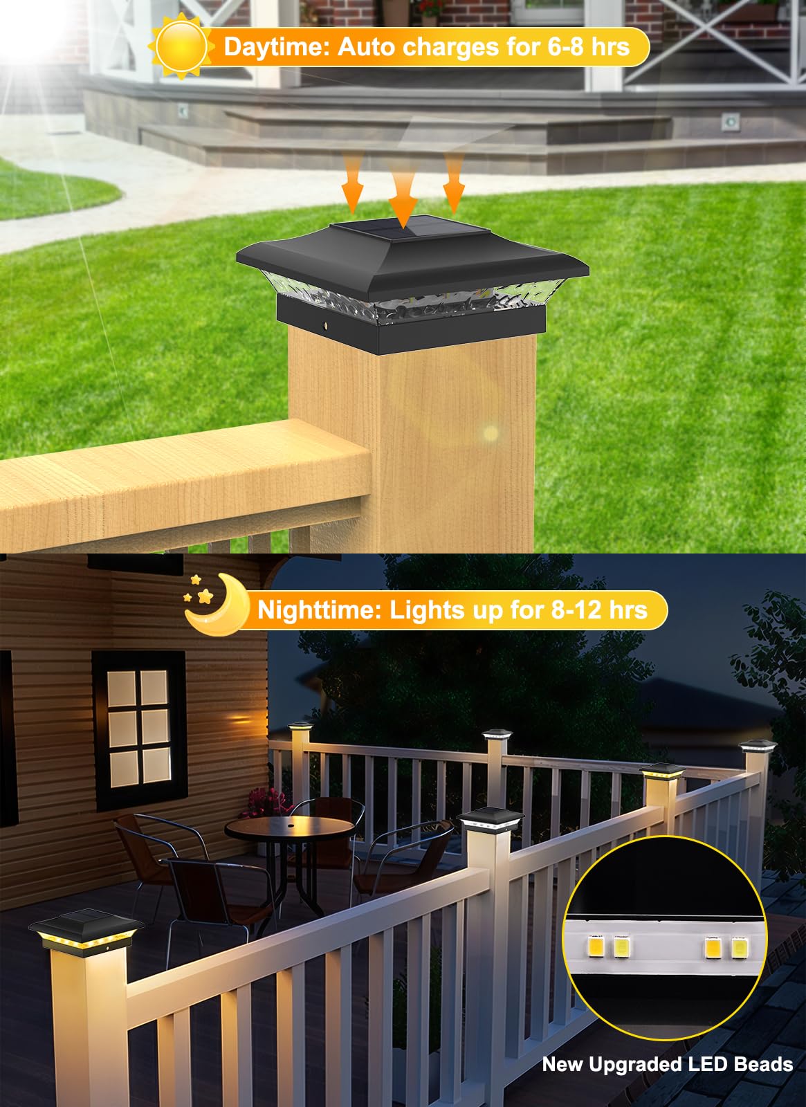 NATPOW Lampade solari per recinzioni, per esterni, giardino, 2 modalità, luce bianca calda e fredda, impermeabile, per pali in vinile/legno 4 × 4, terrazza, veranda, patio (6 confezioni)