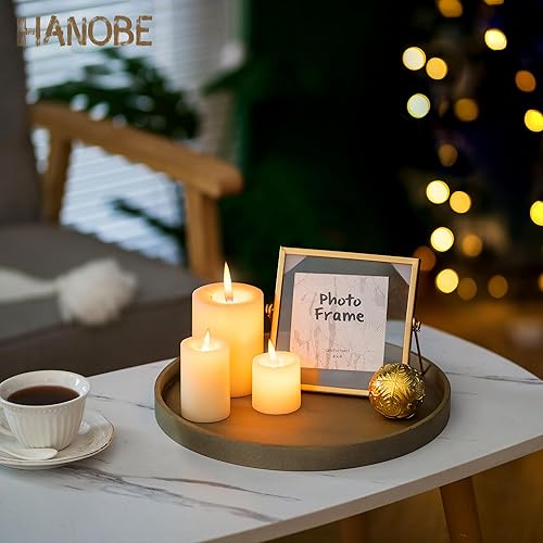 Vista 26 de Hanobe Bandeja decorativa para mesa de café: bandeja de madera lavada blanca redonda de madera rústica, centro de mesa, portavelas para decoración