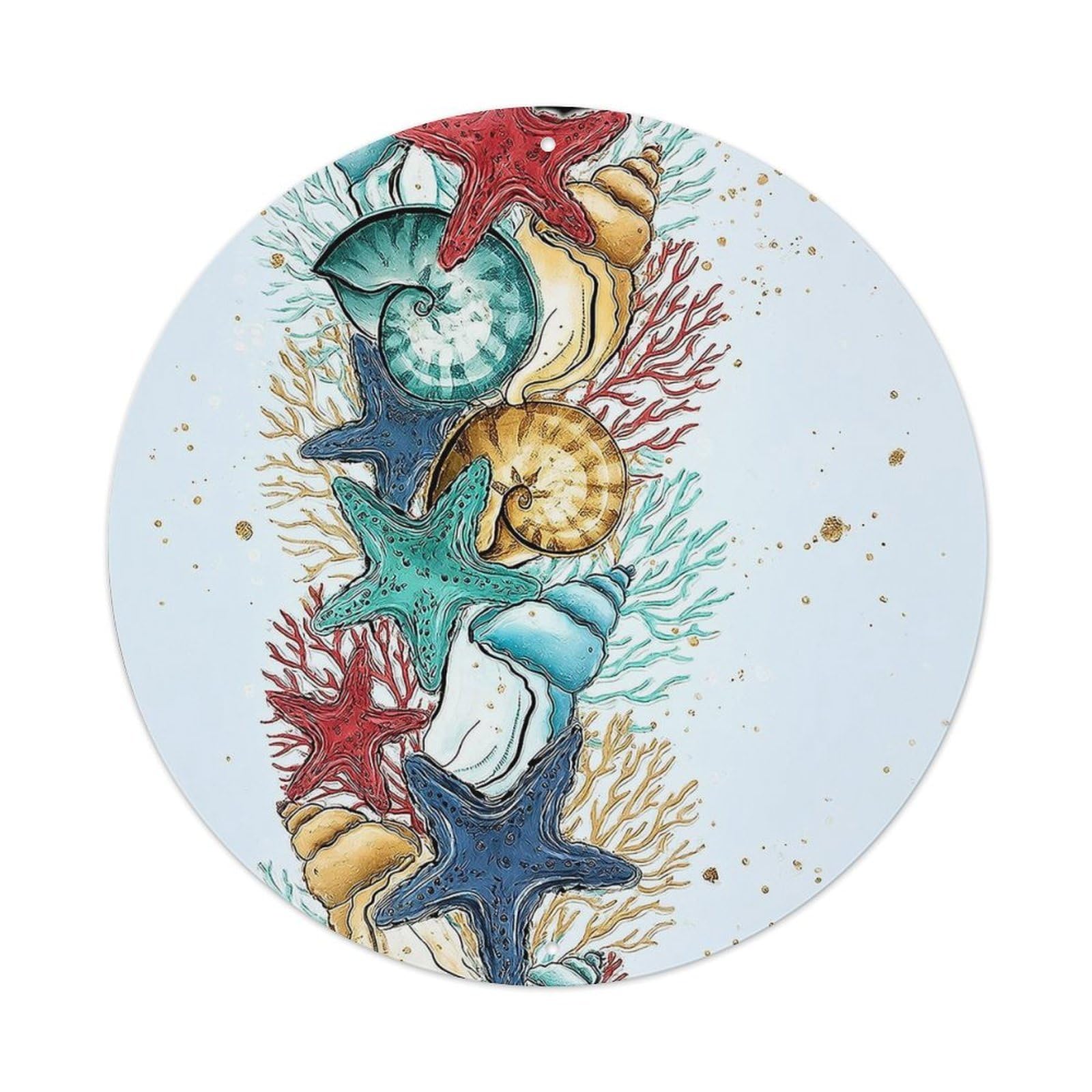 Starfish Seashells Coral Waves Ocean Vintage Round Tin Sign Retro Metal Wall Decor Metal Poster, Home Bar Garage Cafe Wall Art Decoration 8x8Inches