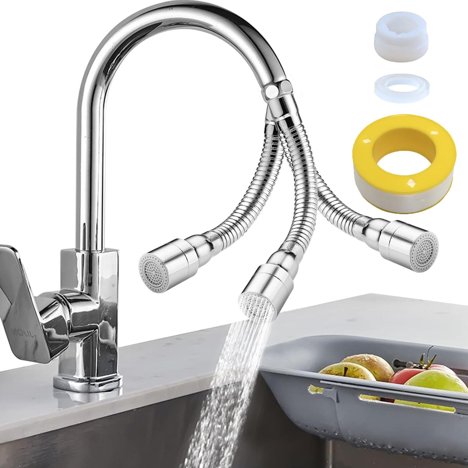 Extensor Grifo, Extensión de Grifo Cocina 30 cm Inoxidable, Extensor de Tap Giratorio de 720° Grados, Con Adaptador de Rosca de Transferencia y Junta Antifugas, para Baños y Cocinas