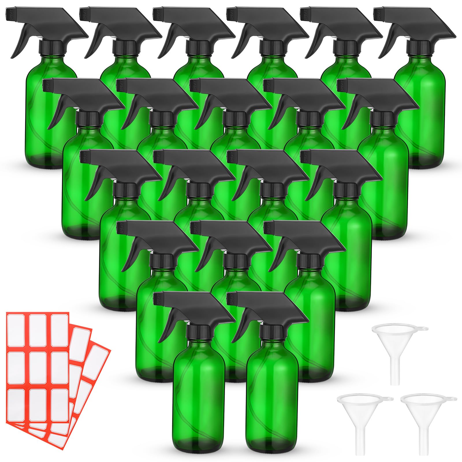 Norme 24 Pcs Glass Spray Bottles with Funnels and Labels 8 oz Refillable Cosmetic Empty Spray Containers with Trigger Squirt Containers for Essential