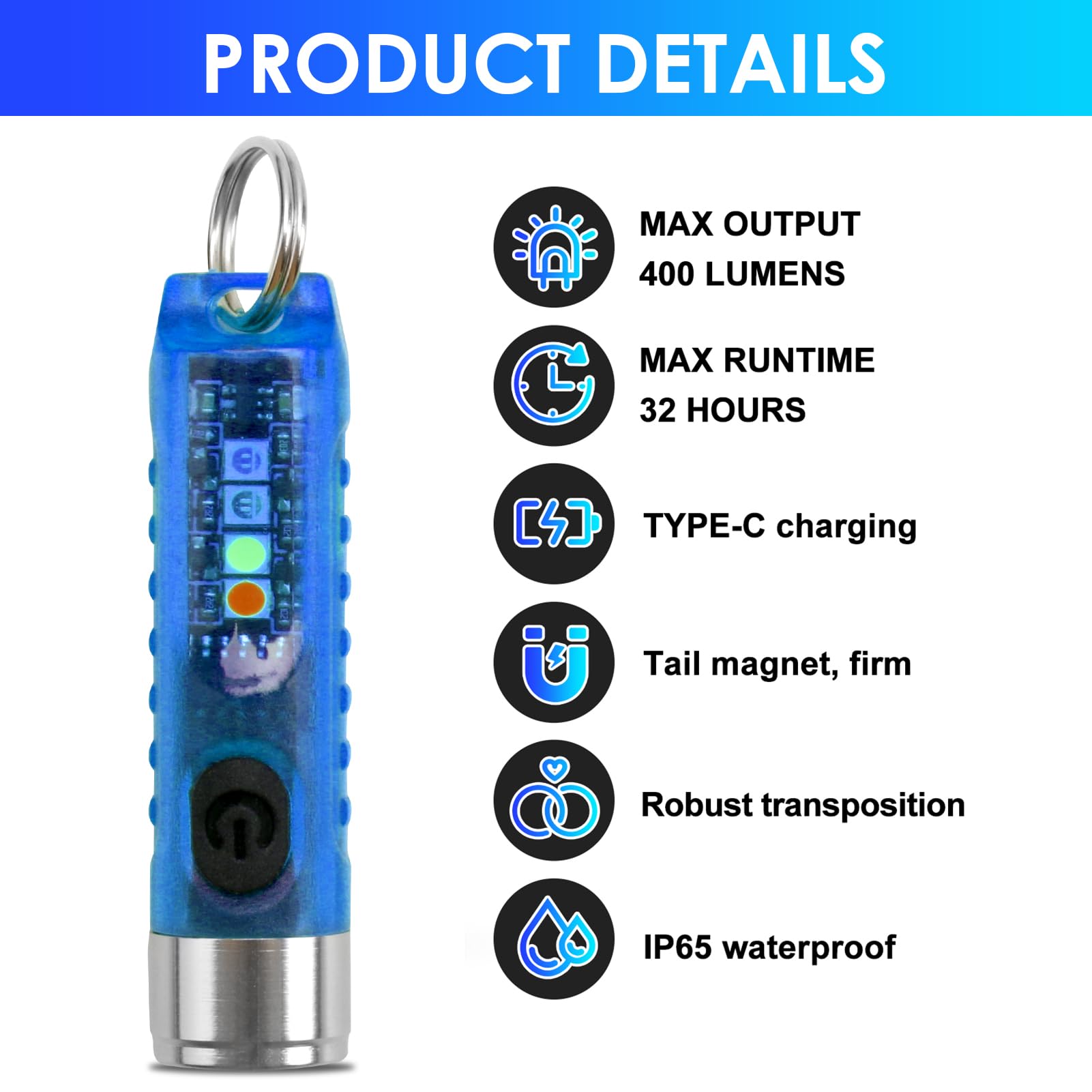 Mini Torch LED Super Bright 400LM USB-C LED Rechargeable Pocket Keychain Torch with UV Red Blue Light IP65 Waterproof 6 Modes Keyring Flashlight with Magnet for Night Camping (Blue) - Image 3