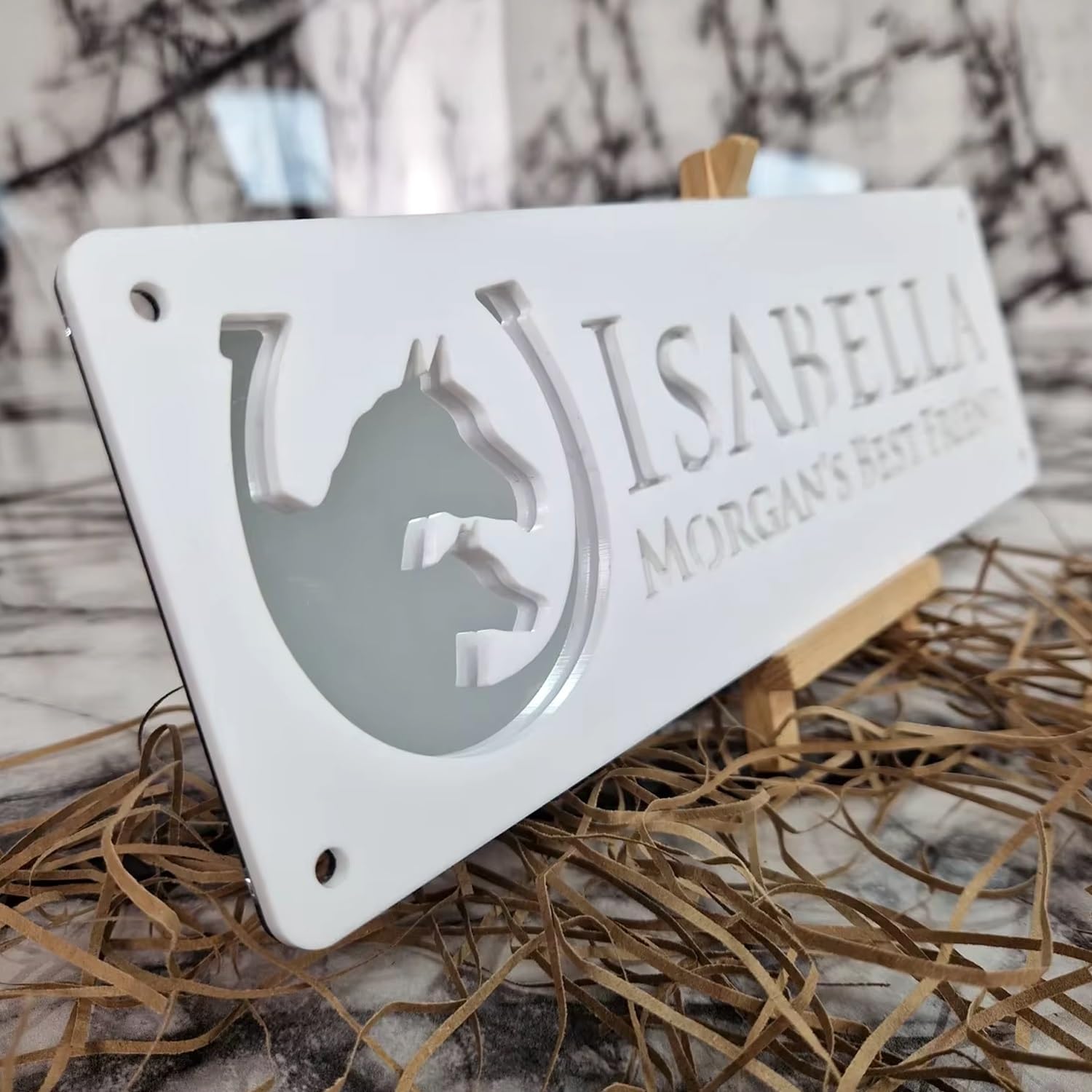 miguha Custom Horse Stable Name Plate Horse Name Plaque, Custom Horse Stall Acrylic Sign For Farm Barn Sign, Customized Outdoor Horse Name/Number Door Sign Gift For Horse Lovers(White Silver)