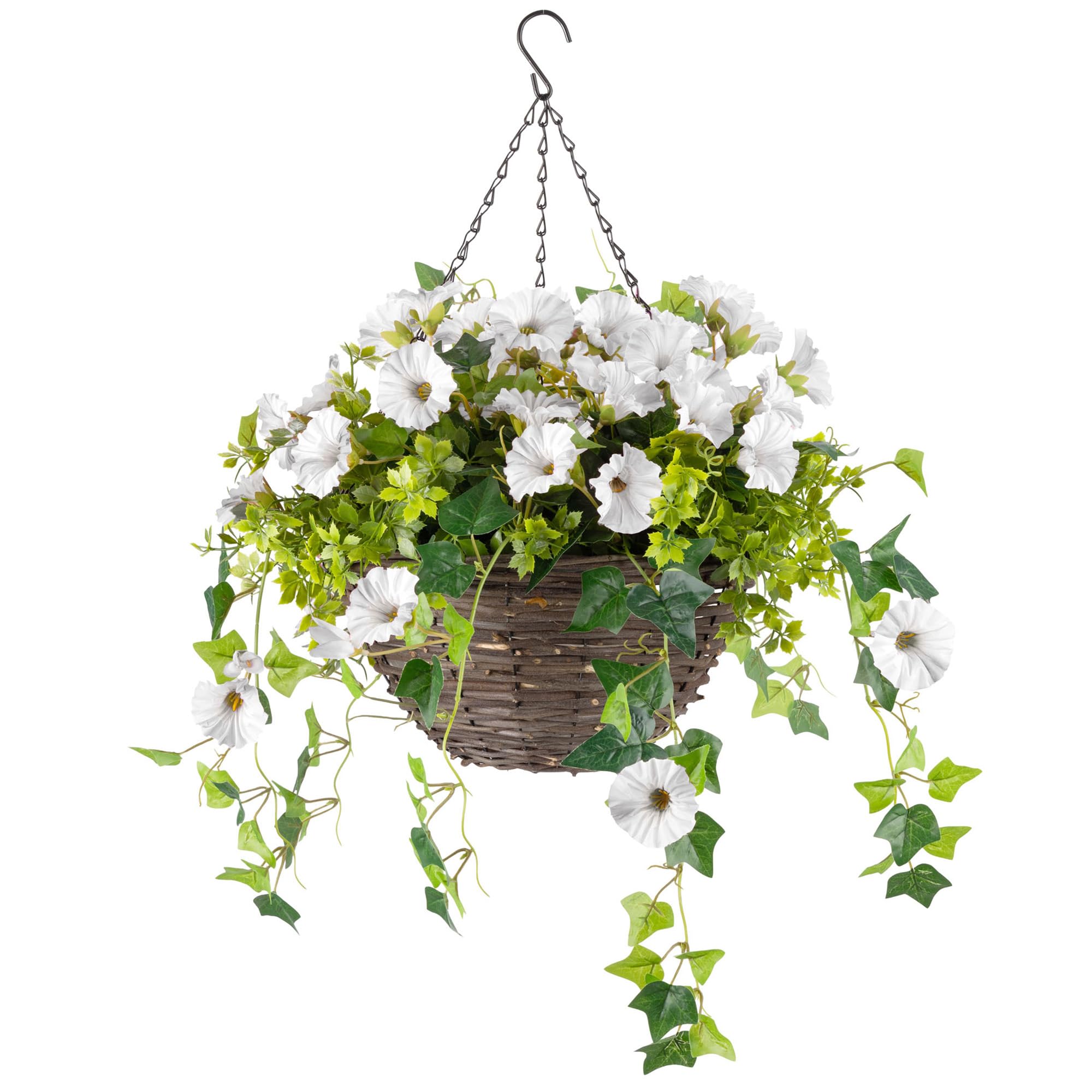 CHRISTOW Artificial Petunia Hanging Basket – Ready to Hang Wicker Garden Planter with White Flowers, Gypsophila & Ivy, UV-Resistant PE Leaves, Pre-Fitted Triple Steel Chain, 30cm Basket Diameter