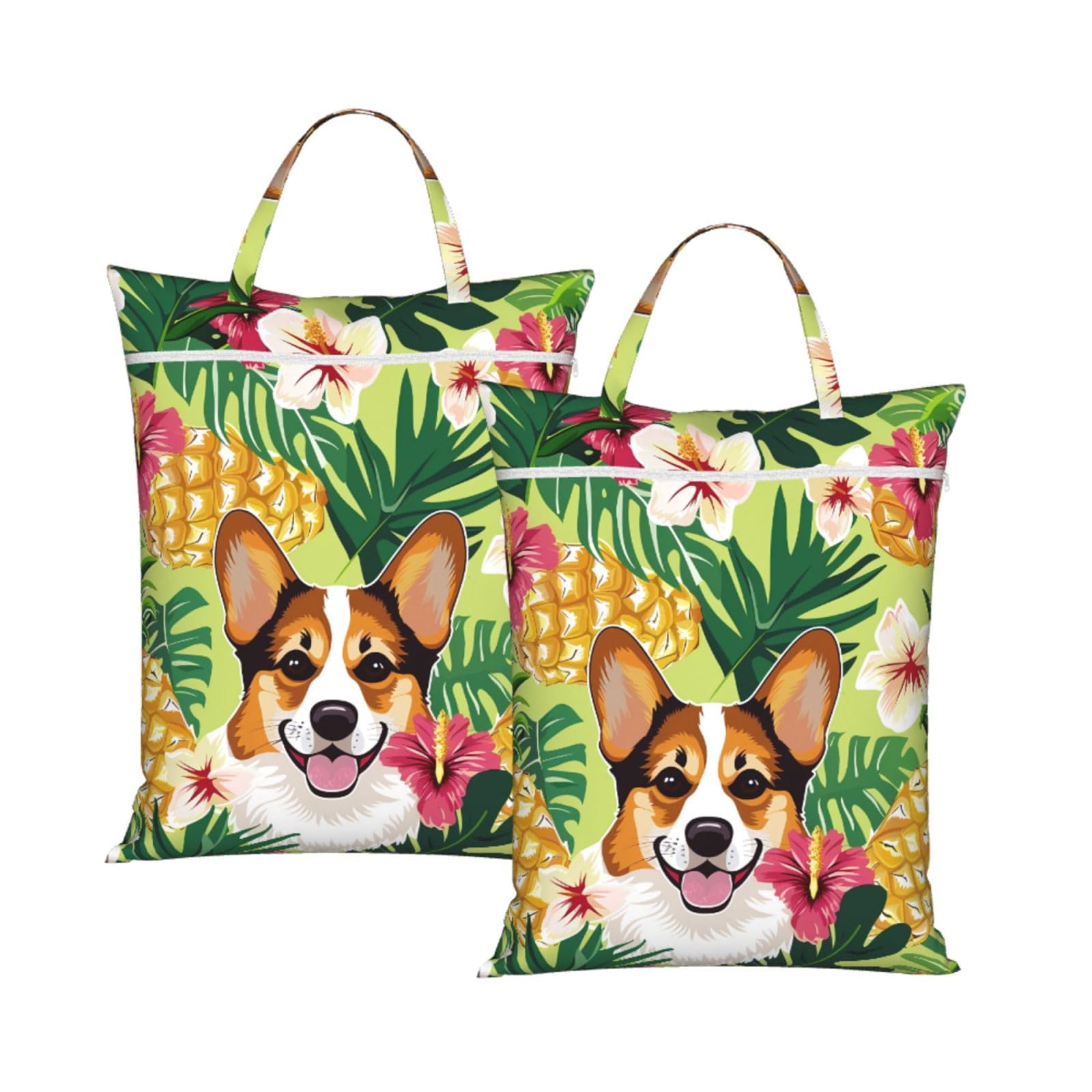 Large Travel Laundry Bags,Corgi Hawaiian Tropical Summer Pineapple Print with Handle Foldable Laundry Bag for Holidays Gym Swimming and Family Trips, 2Pcs