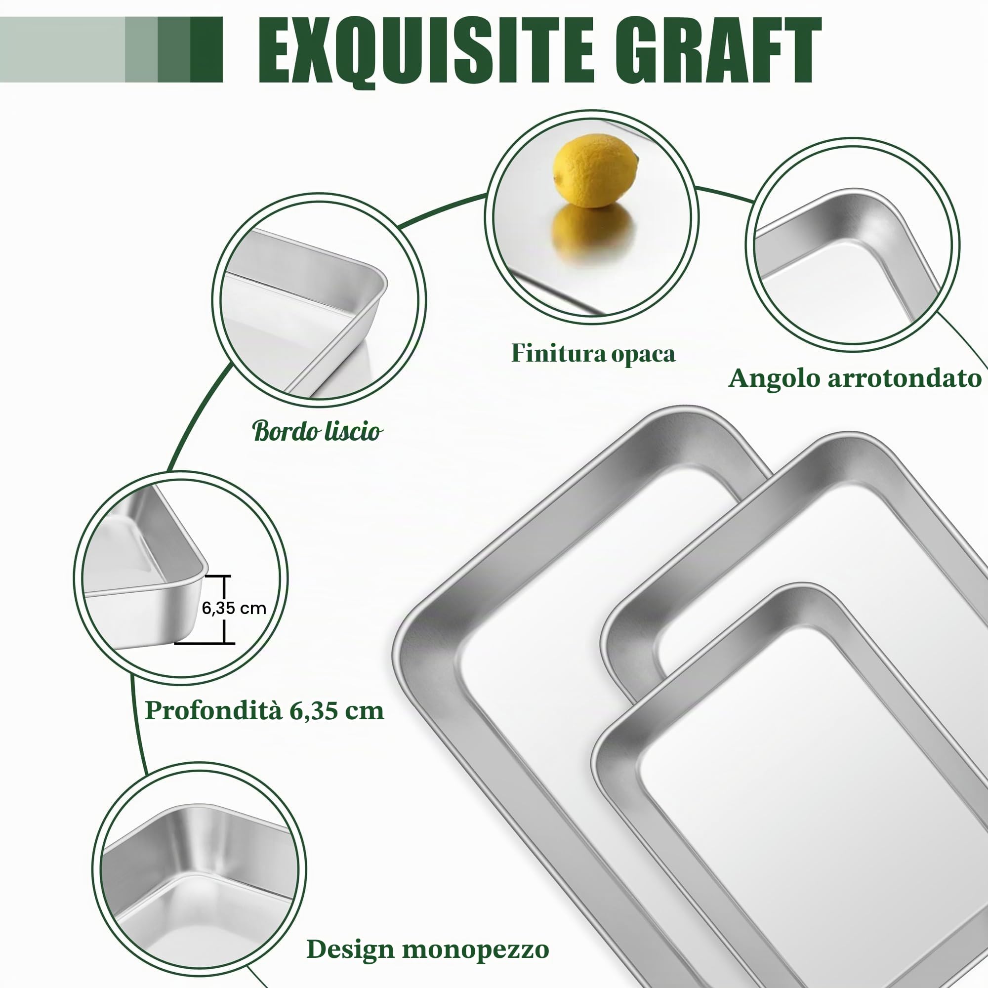 Joyfair Set di 3 teglie da forno in acciaio inox, rettangolari, profonde, per arrostire e servire, resistenti, antiruggine e facili da pulire, 3 diverse dimensioni