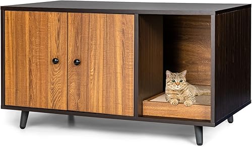 PETSITE Caja de arena para gatos, muebles de baño ocultos de madera para gatos con divisor y rascador para gatos, mesa auxiliar apilable para casa