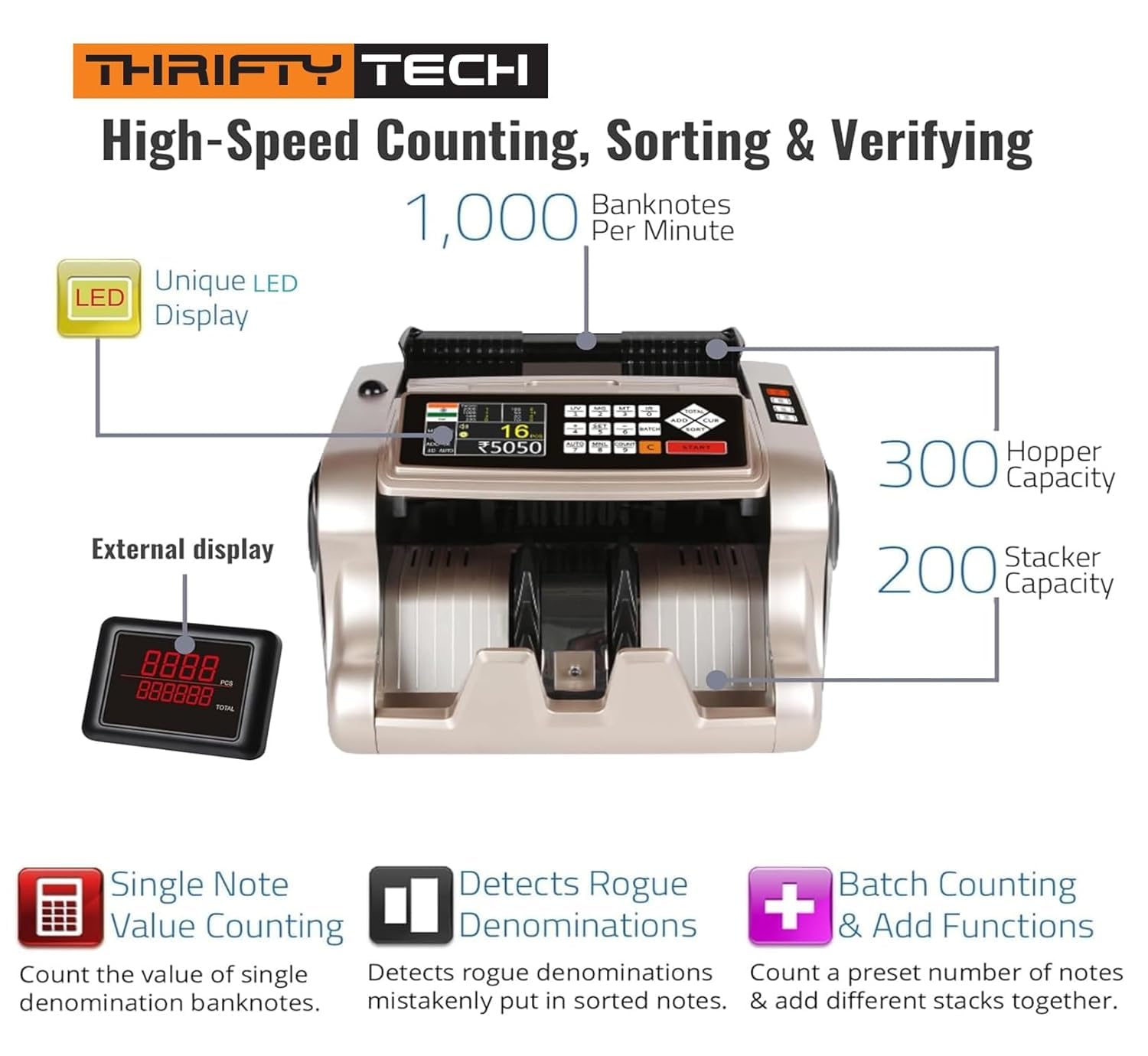 Thrifty Tech 4080 Mix Total Value Latest Updated Super Heavy Duty Note-Currency-Cash-Money-Counting Machine with Fake Note Detection for All Old/New Notes.! 1 Year Warranty (Mix 4080) 4