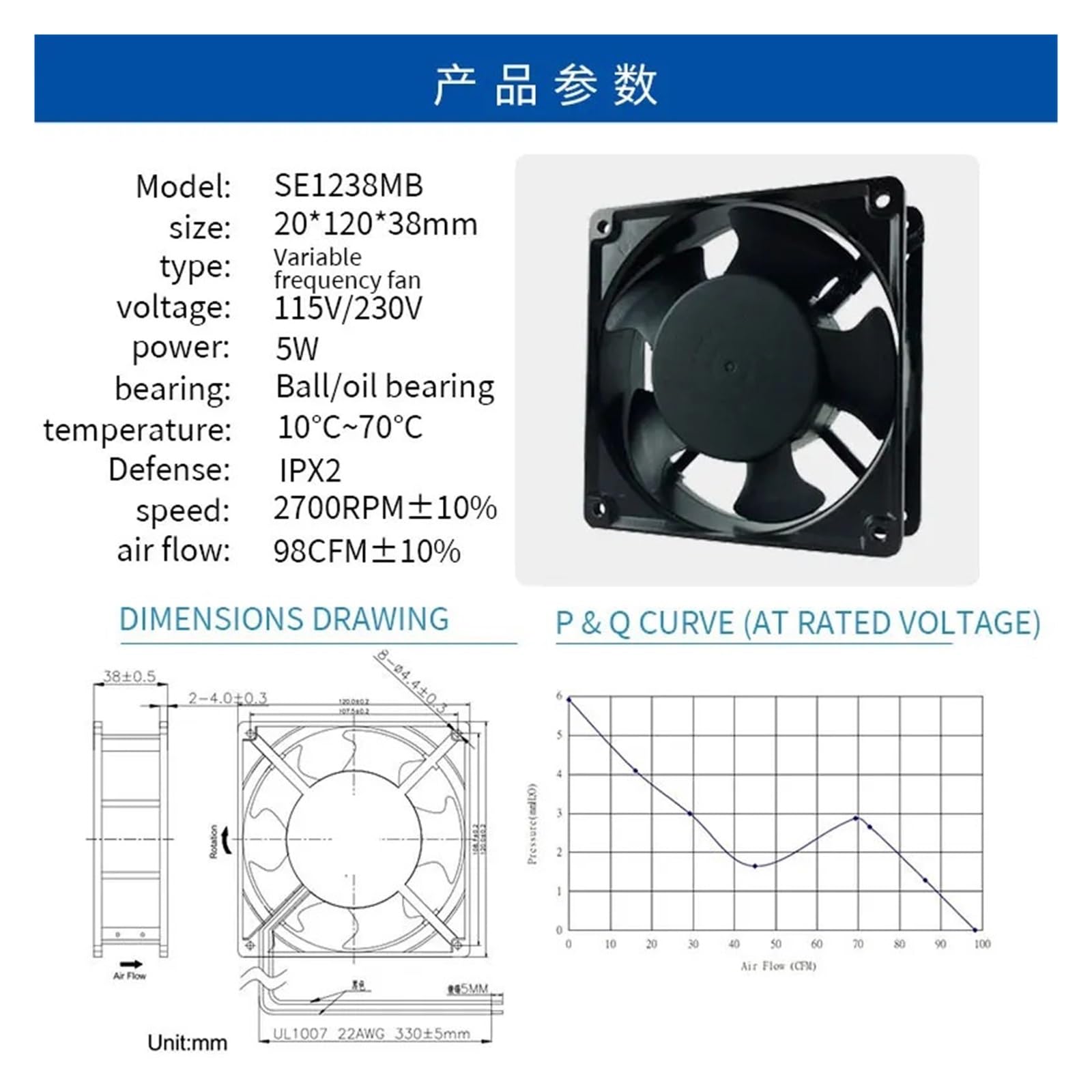 Wentylator 120 mm 120 x 120 x 38 mm 12038 5 V 12 24 48 CC 110 220(5V 2wire ball)