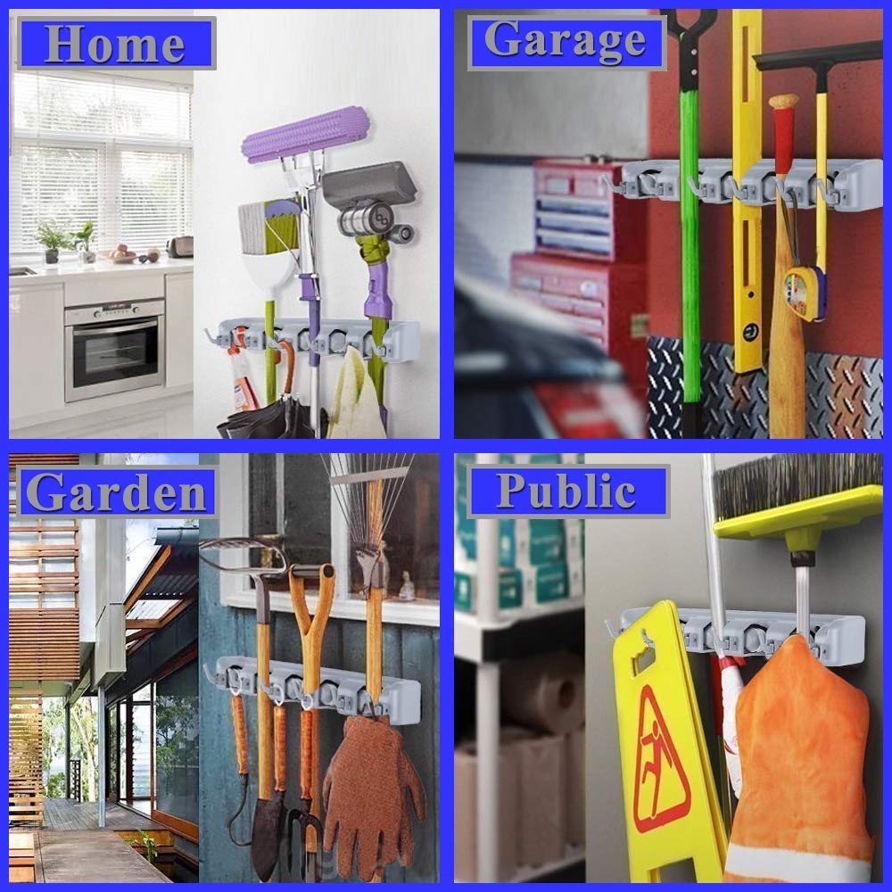5 Slot 6 Hook Wall Mounted Broom Holder For Mop,Kitchen,Garden,Garage – BlueBasket - View #11