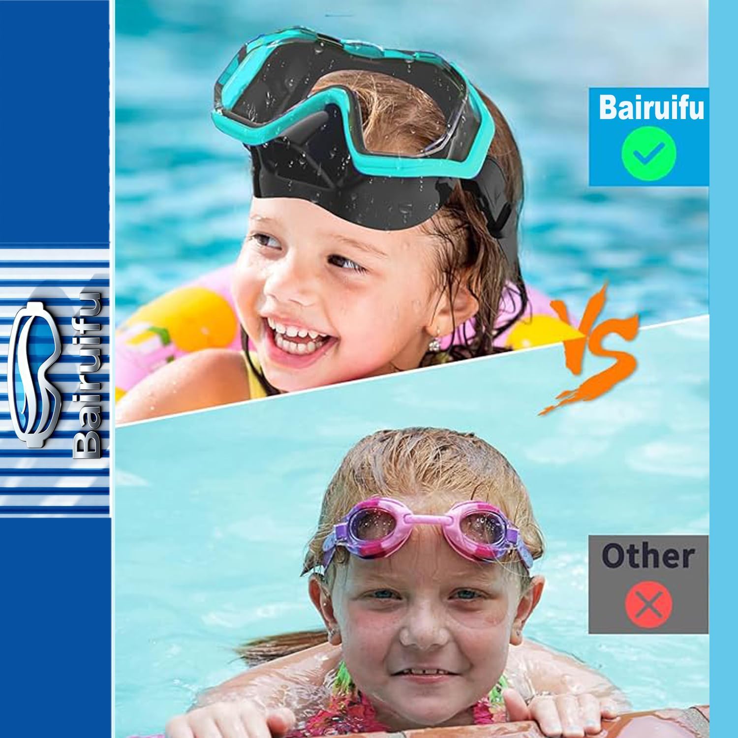 Bairuifu Swim Goggles for Kids 4-16, Anti-Shattered, Anti-Fog, 180° Panoramic View Swimming Goggles with Nose Cover