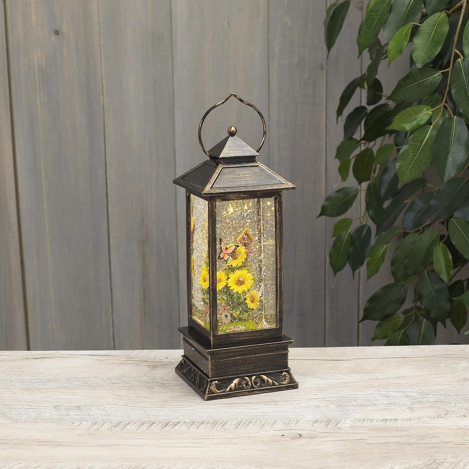 Garden Sunflower and Butterfly Lighted Water Lantern with Timer, Battery Operated, Bronze Finish, 10.8 Inches High