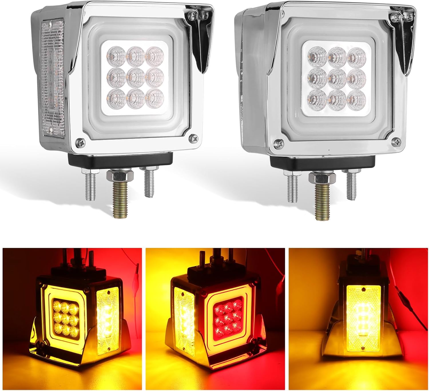 2Pcs 78LED Pedestal Fender Lights, Square Double Face Turn Signal Lights with Visor Clear Waterproof Marker Light with Flashing Light for Peterbilt 579 587 Kenworth W900 Freightliner Truck