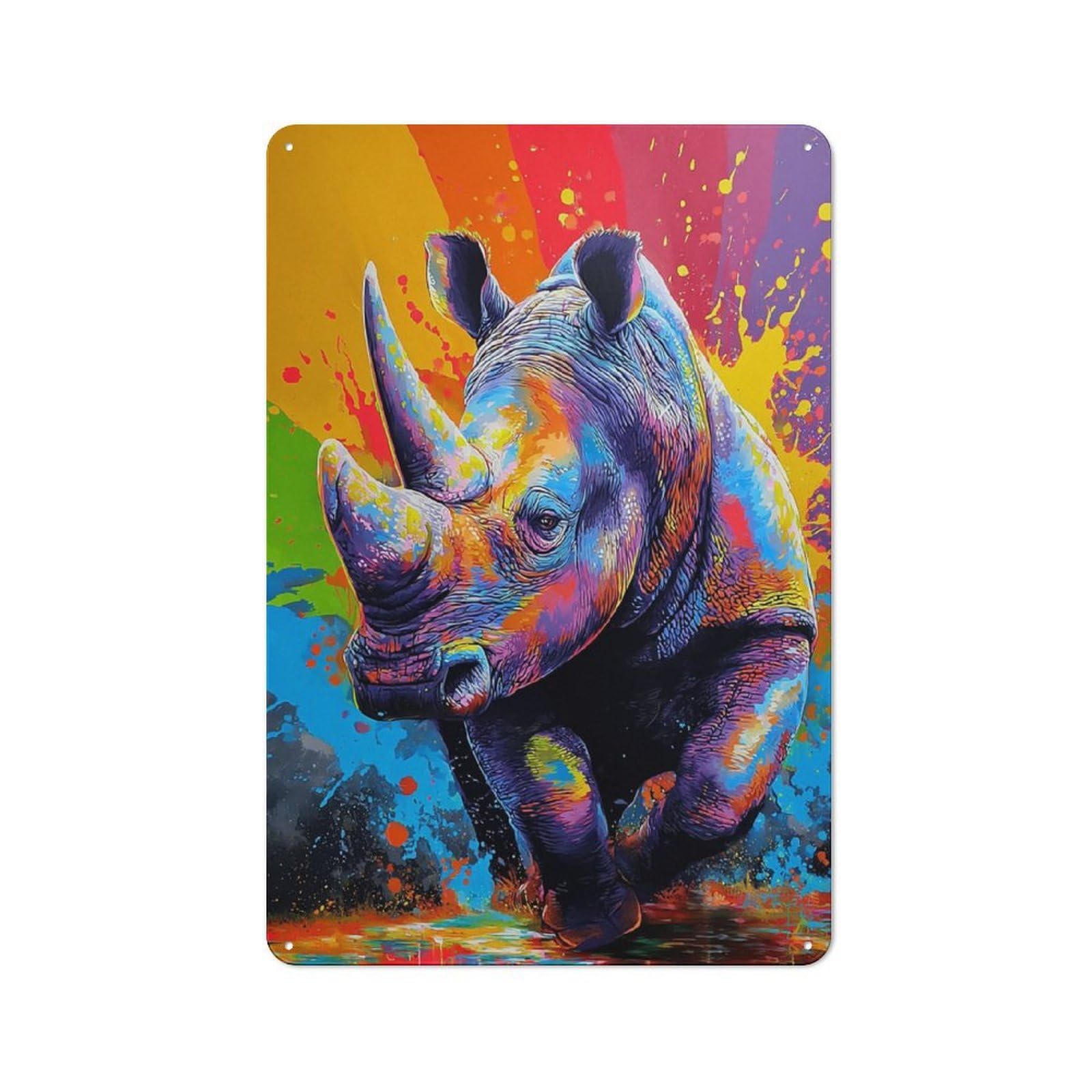 Junmoney Colorful Rhino In Motion Metal Wall Sign With Design 30X20cm, Loft Style Studio Wall Art For Flat, Bar, Studio Or Gallery Wall