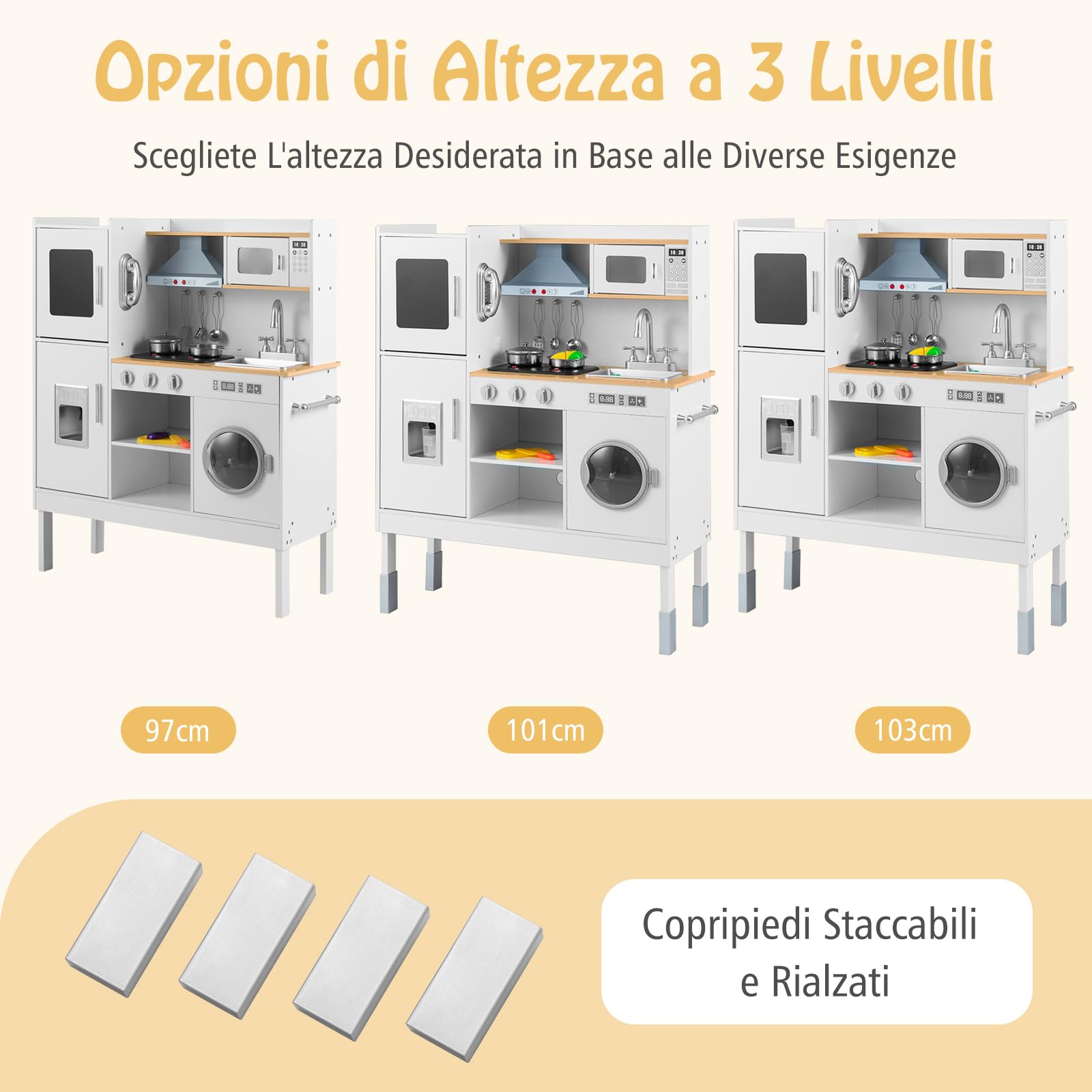 COSTWAY Cucina Giocattolo per Bambini, Cucina Legno per Bambini con Macchina del Ghiaccio, Telefono, Lavatrice, Microonde, Altezza Regolabile, Funzione Luci e Suoni, per 3+ Anni (Naturale)