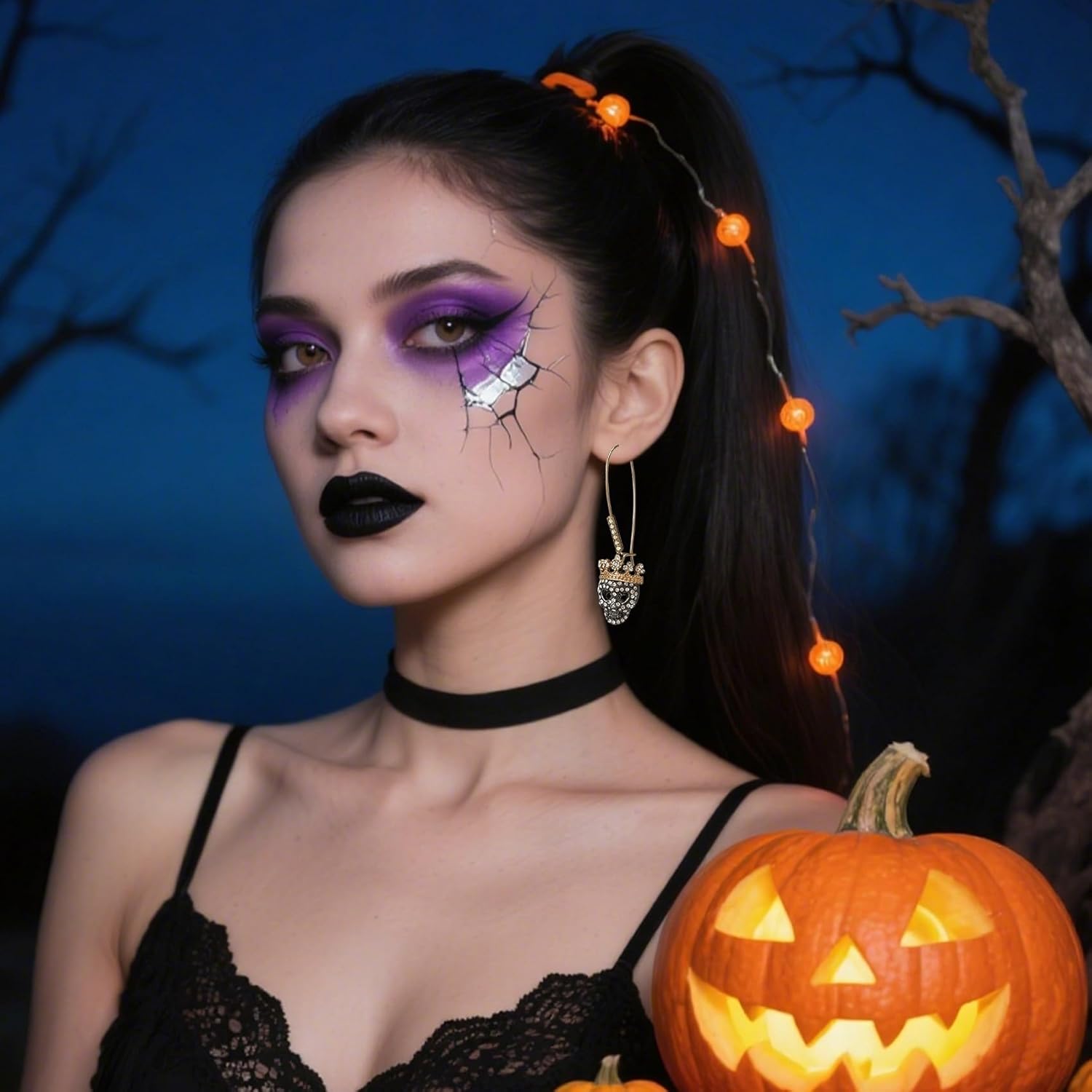 Halloween Gothic Skeleton Weird Skull Coronal Rhinestone Hanging Earrings, Skeleton Earrings, Skull Head Dangle Hook Earrings - Image 3