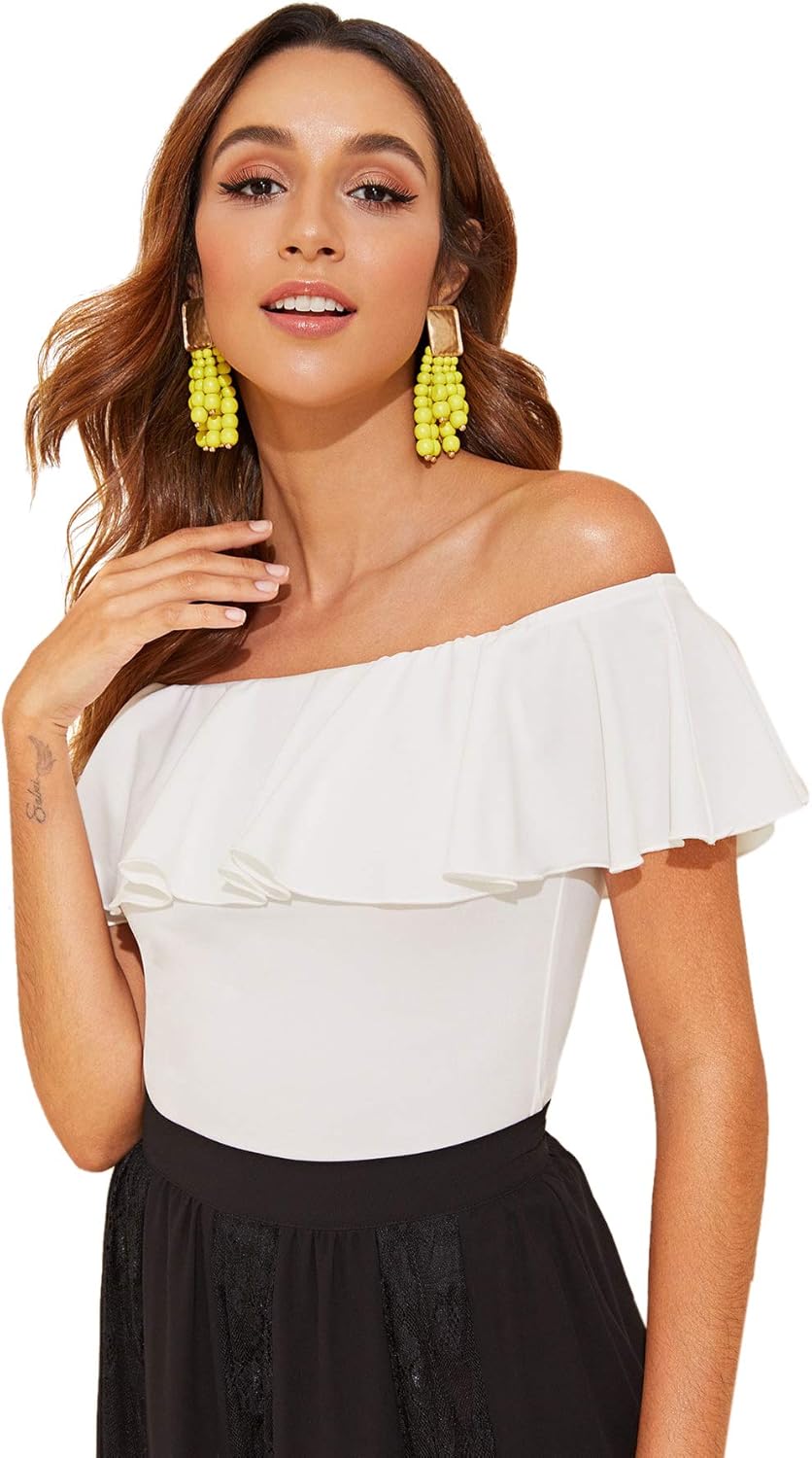 WDIRARA Women's Stretchy Off Shoulder Flounce Sleeve Sexy Slim Blouse Tops Shirt - Image 3