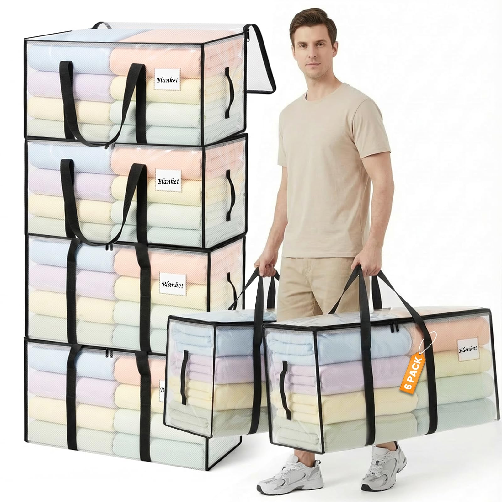 RICHER HOUSE 90L Heavy Duty Moving Boxes & Clothes Storage Bags, 6 PackLarge Moving Bags with Lid & Backpack Straps, Waterproof Packing Bags for College Dorm, Camping, Holiday Decor Storage, Clear