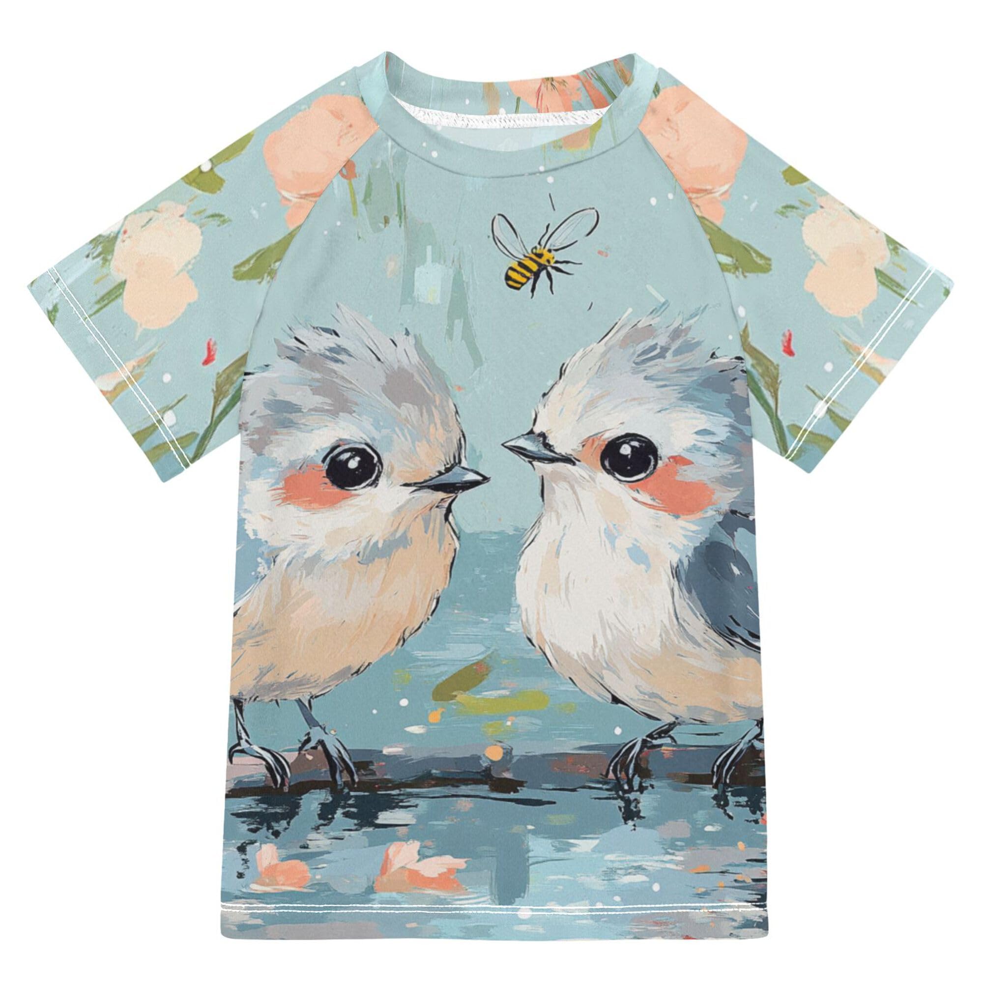 Cute Tufted Titmouse Birds A River Bathing Suit Kids Short Sleeves Rash Guard Boys Swimwears Shirts for Big Boys 11-12Y
