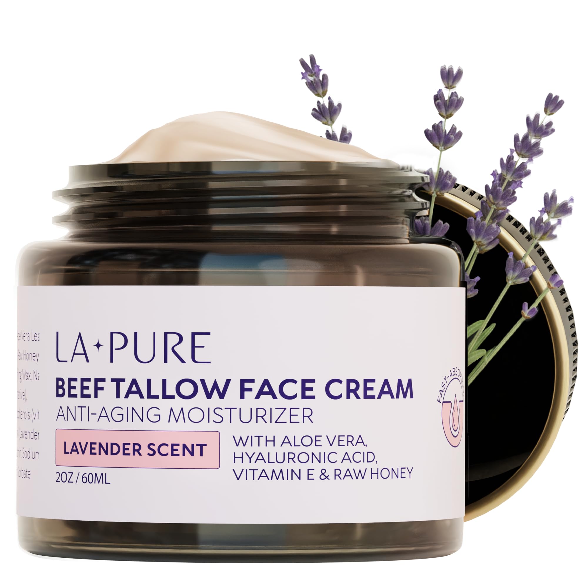 LA PURE Beef Tallow for Skin, Grass-Fed Tallow Face Cream with Organic Aloe Vera, Vegan Hyaluronate to Hydrate, Soothe Redness & Calm Sensitive Skin,