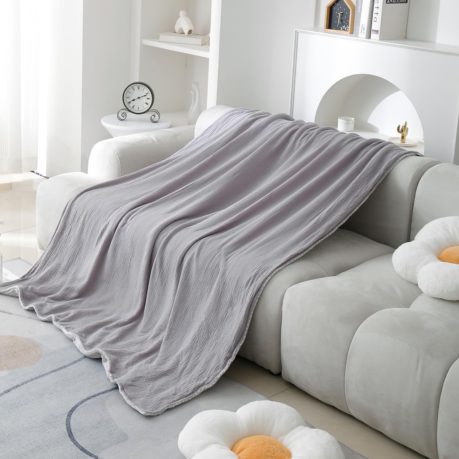 Coperta in mussola di cotone con flanella per letto, coperta in mussola super morbida con accogliente flanella per adulti, 140 x 183 cm, grigia.