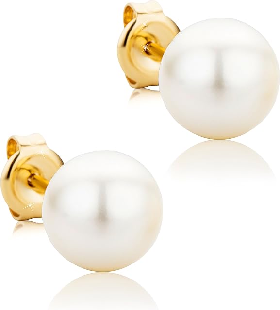 Orovi Women Stud Earrings 9 ct/ 375 Yellow Gold With White Freshwater Pearls