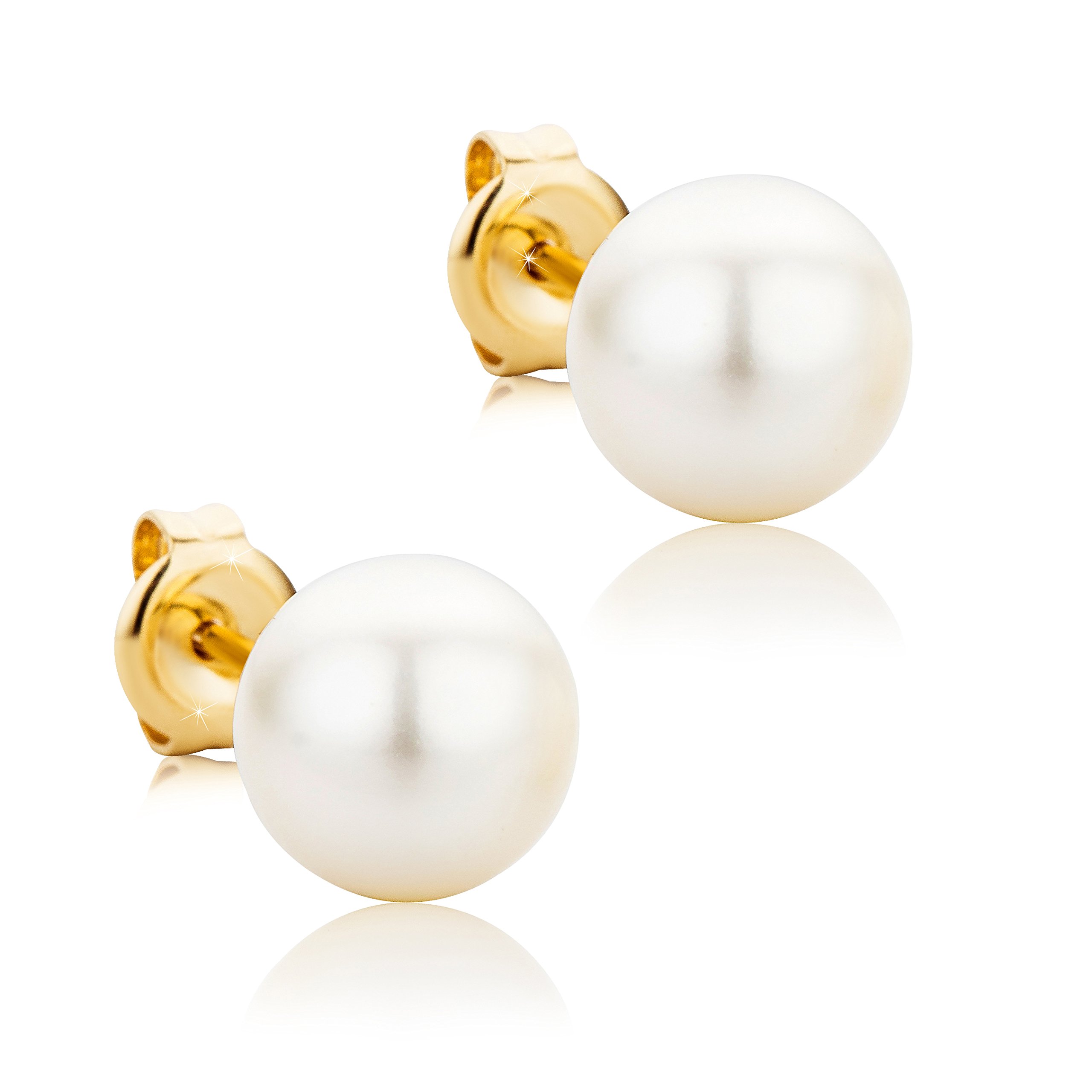 OROVI Ohrringe Gold- 9 karat (375) Gelbgold – Perlenohrringe, Ohrstecker Gold mit Weißen Süßwasserperlen 8.5 mm, Hypoallergene Perlen Ohrringe, Schmuck Damen, Gold Schmuck- inkl. edler Schmuckbox
