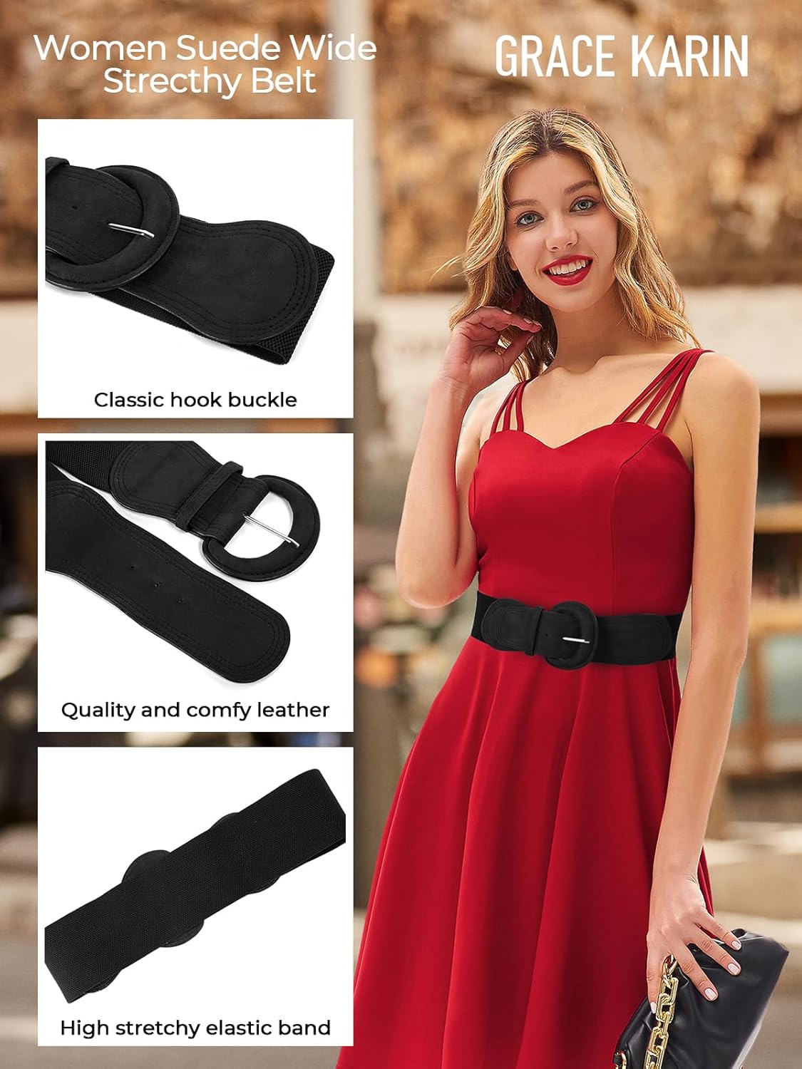 GRACE KARIN Women's Suede Elastic Belt Wide Stretchy Belt Vintage Chunky Buckle Belts S-XXL - Image 4