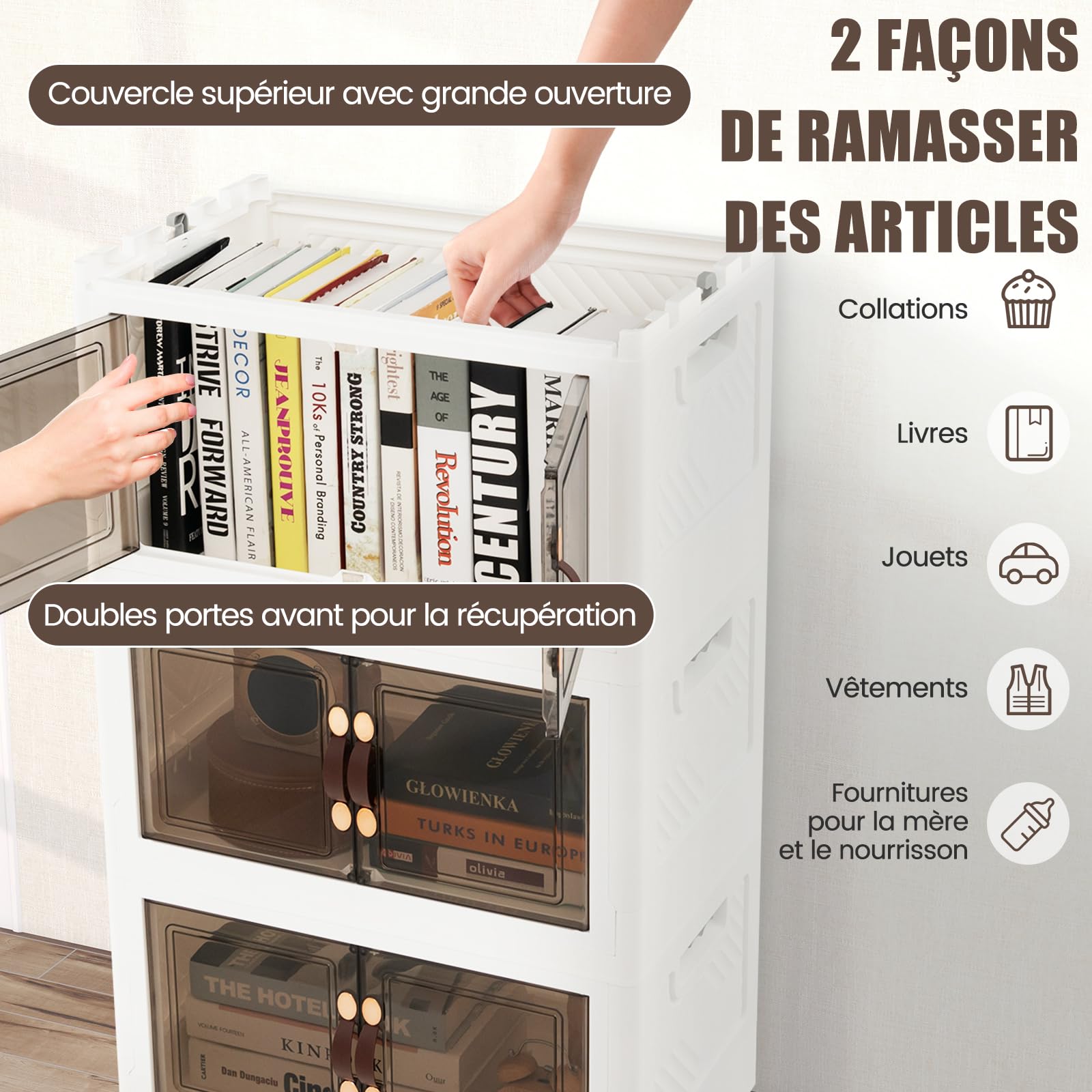 COSTWAY Boîte Rangement Plastique 165L, 4 Caisses Pliables + 1 Couvercle Supérieur, 4 Roulettes, Boite Empilable pour Vêtement, Livres, Jouets, Poignée, Porte Magnétique, Caisse pour Chambre